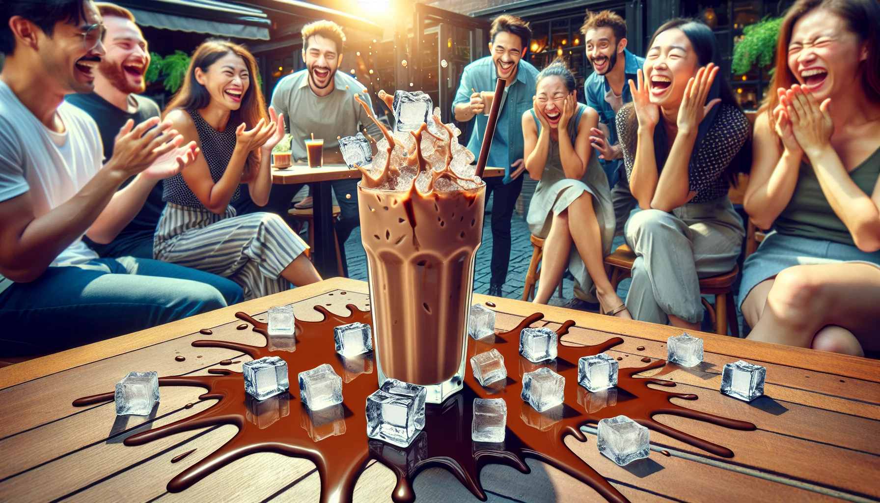Generate a humorous and inviting image depicting an amusing event centred around an iced mocha. The scene shows the icy, rich brown beverage in a tall, stylish glass, clumsily spilled over a wood table in an outdoor café. Sunlight gleams off shiny ice cubes scattered around and the frothy mocha creates an interesting, abstract pattern on the table. Surrounding this scene are people of various genders, races and ages, laughing and pointing at the spectacle, appearing both amused and enticed, their expressions vivid and expressive.