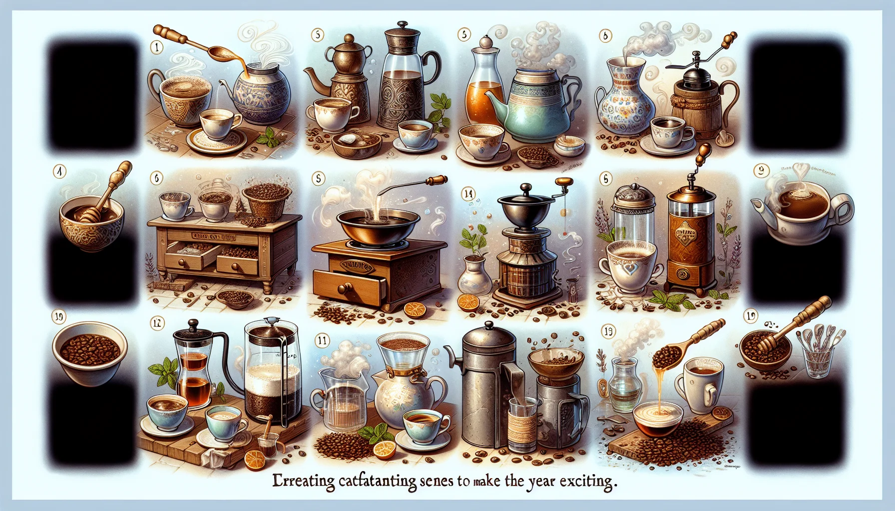 Create a whimsical and fascinating image illustrating fourteen captivating scenes related to brewing activities to make the year exciting. It includes heating the water on a vintage stove, scooping quaint ceramic pots with tea leaves, pouring frothy milk for coffee in a rustic jug, stirring honey into steaming mugs, grinding coffee beans with an antique hand-grinder, pressing coffee through a French press, selecting a tea from a well-stocked tea chest, arranging a tea set on a wooden tray, brewing Turkish coffee in a long-handled pot, cooling off iced-tea with slices of lemon and mint, trying out a new herbal tea blend, inspecting coffee beans for quality, and finally, enjoying a self-made brew under the afternoon sun. The sight should inspire delight in the art of brewing and consuming tea and coffee products.