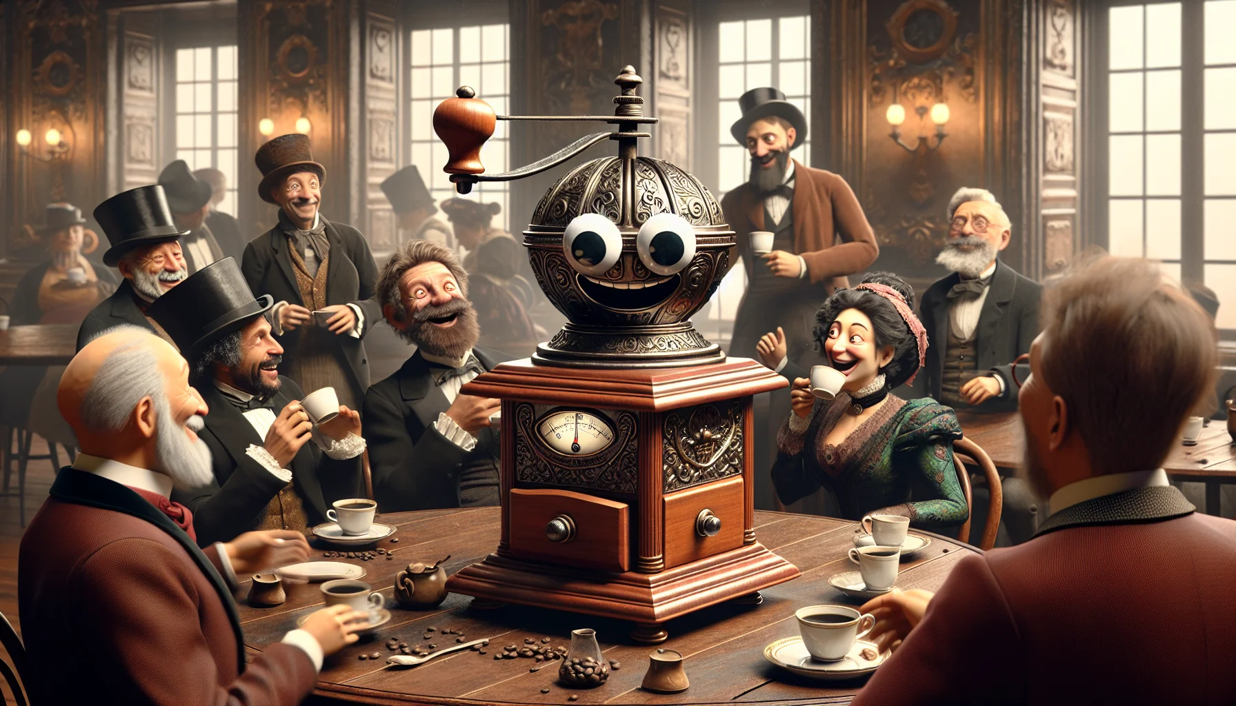 Create a detailed, realistic image set in a bustling 19th-century cafe. In the center of the scene, a large, ornately-decorated, antique coffee grinder stands propped up on an elegant wooden table. It has a whimsical, exaggerated smile on its face, cartoon-like googly eyes stuck haphazardly on its top, and its crank handle is spinning energetic circles as if self-operating. Around it, men and women of diverse descents, (Caucasian, Hispanic, Black and Middle-Eastern) all dressed in traditional period attire, share amused glances, laughing and pointing towards the affable apparatus while savoring their delicious cups of coffee.