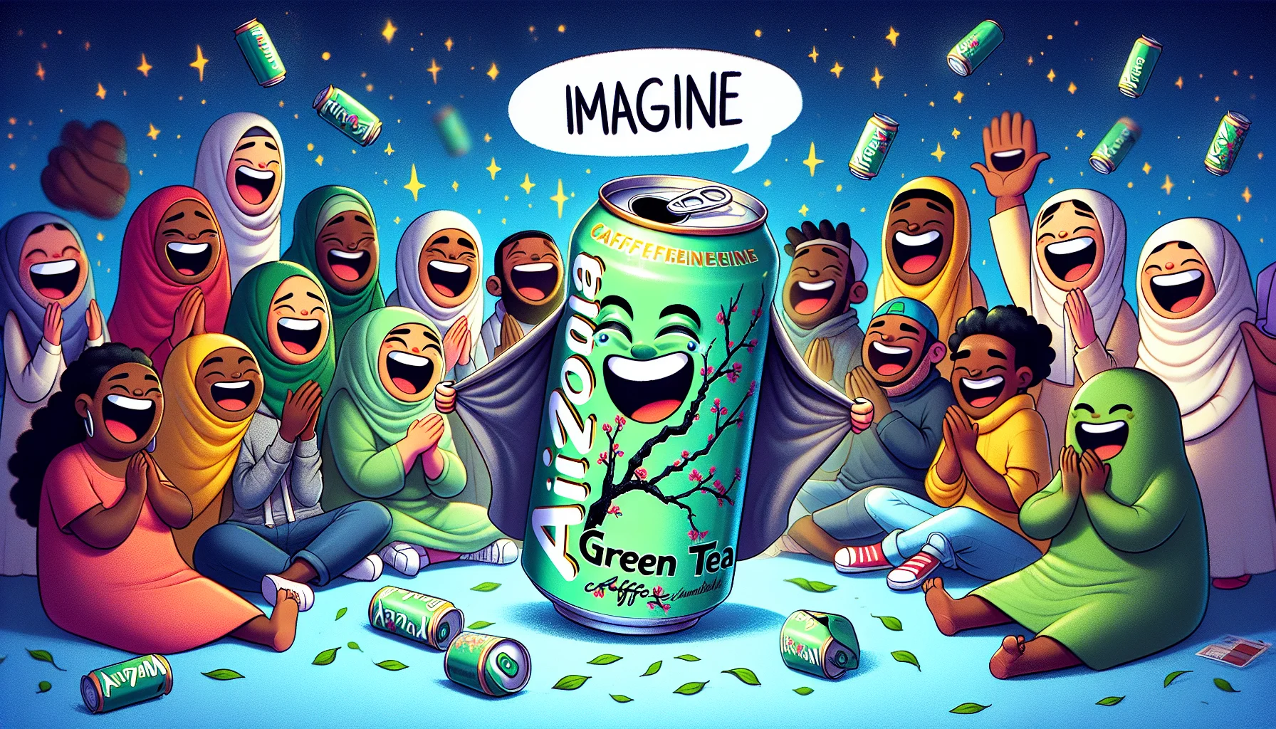 Imagine a humorous scene- a can of Arizona green tea has been personified; sitting upright with animated googly eyes and a wide smile. It's illustrated to mimic an act of pulling an invisible cape over its label to reveal the word 'caffeine' much like a magician revealing a hidden trick. Around the can, laughing characters of diverse descents: Black, Hispanic, South Asian, Caucasian, Middle-Eastern, and Asian. Each one holding their own cans, their expressions filled with excitement and amusement. All set against a whimsical background filled with floating tea leaves and starry sparkles.