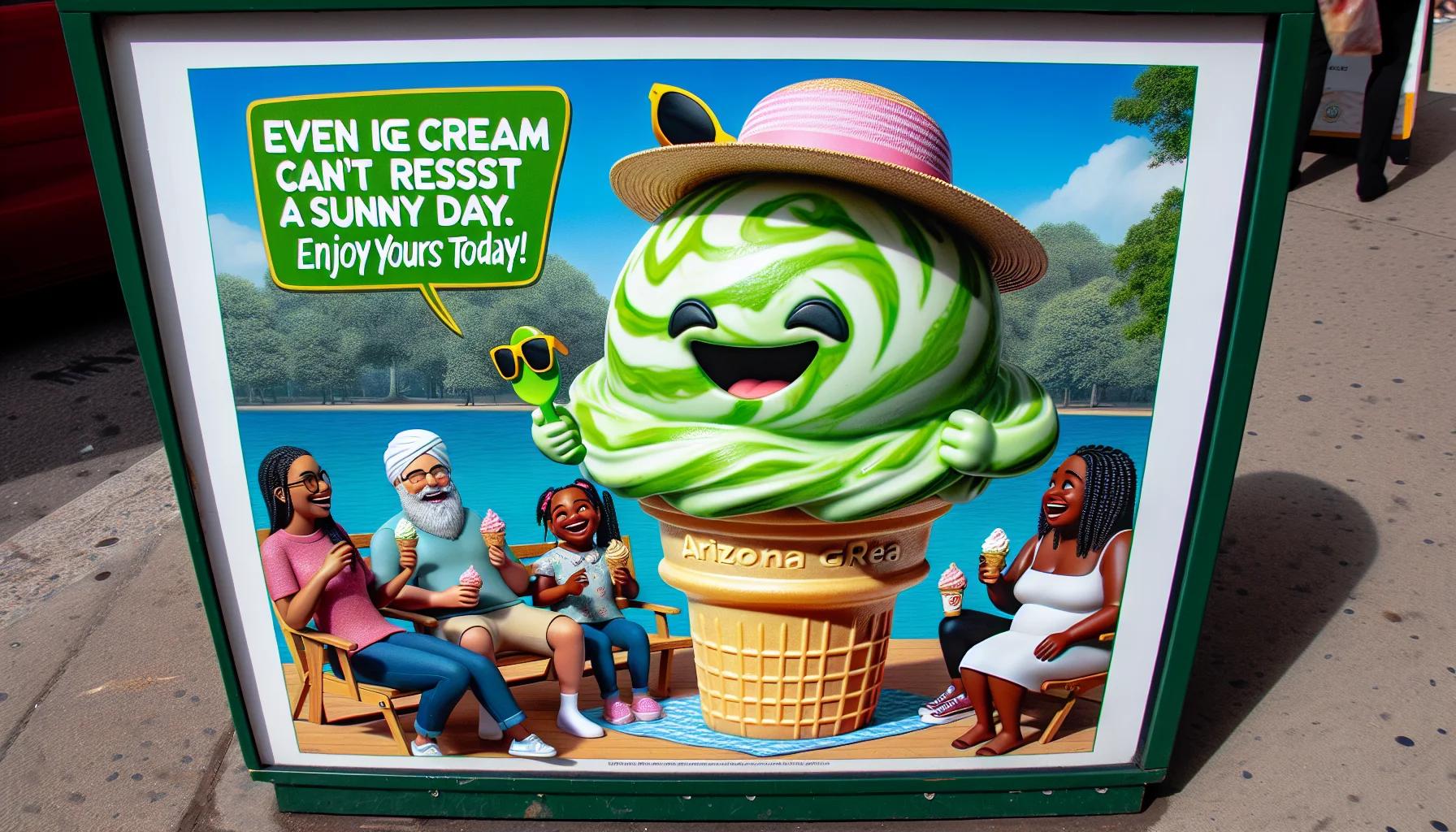Imagine a humorous scene set at a sunny park picnic. There's a realistic, delightfully scrumptious scoop of Arizona green tea ice cream. Its enticing vibrant green swirls contrast beautifully with the pastel pink of the ice cream cone. The ice cream has a tiny sunhat and sunglasses on it, personifying it as if it's enjoying a day out. A few park goers, a Middle-Eastern man, a black woman, and a Hispanic kid, are joyfully astonished by this sight, their chuckles contagiously spreading to the ice cream. A sign next to it reads, 'Even ice cream can't resist a sunny day. Enjoy yours today!'.