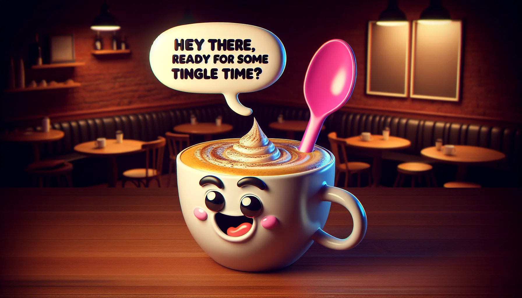 Create a humorous and realistic image featuring an anthropomorphic cup of ASMR latte with a mischievous expression. It is stirring itself with a vibrant, oversized spoon. The cup has a speech bubble coming from it, saying, 'Hey there, ready for some tingle time?'. In the background, subtle hints of a cozy café environment, with other animated drinks laughing and other customers express an amalgam of surprise and amusement at the brazen confidence of the ASMR latte.