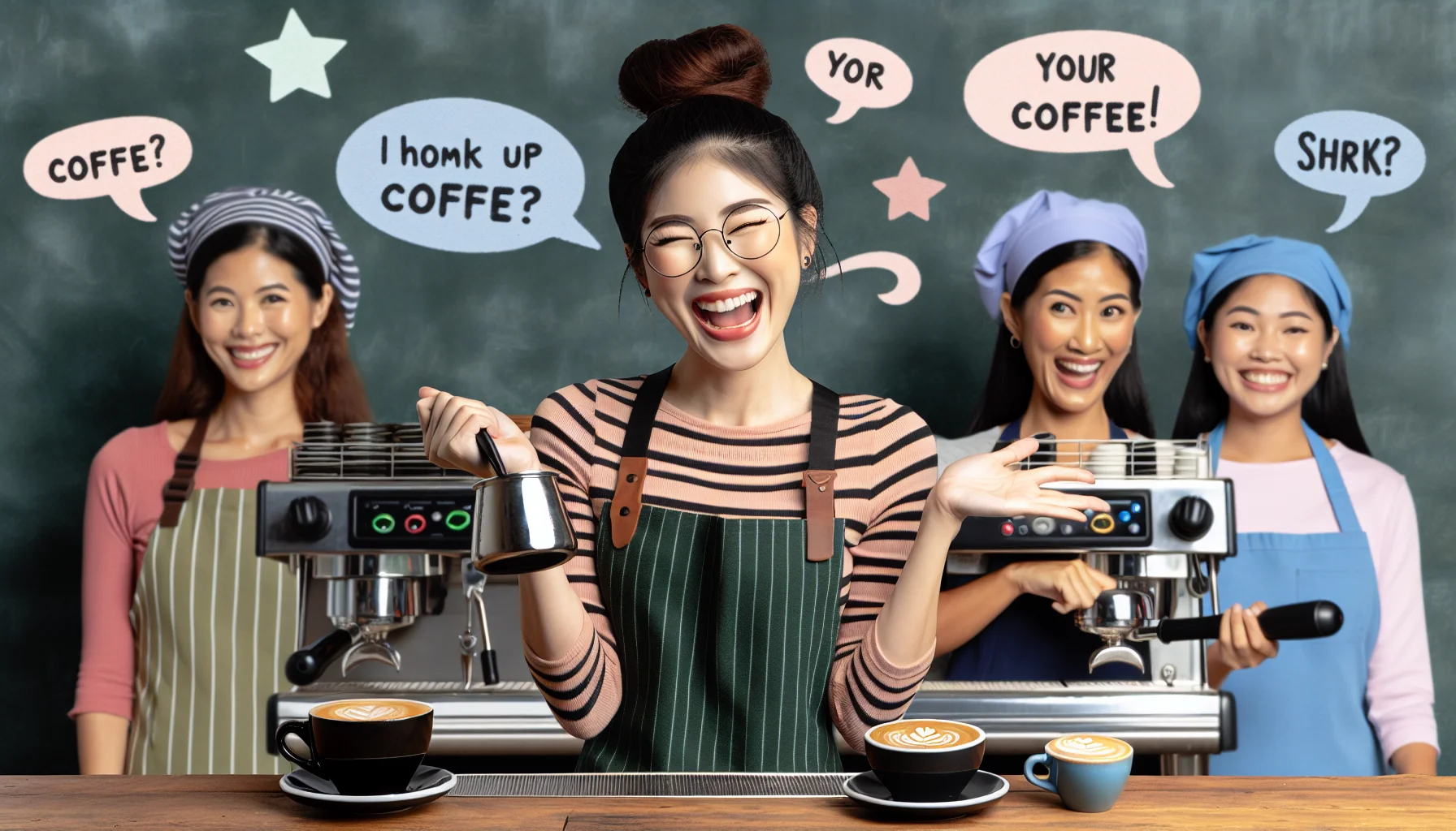 Create a humorous and realistic scene in a coffee shop setting. An East Asian female barista named Rose, with her hair tied in a bun, is charmingly encouraging her diverse customers to indulge in their coffee-drinking experiences. She is multitasking between pulling espresso shots, steam-milking, and making latte art, all with a playful wink and an infectious smile. Behind her is a colorful chalkboard with funny quotes relating to coffee that seem to be enticing the customers.