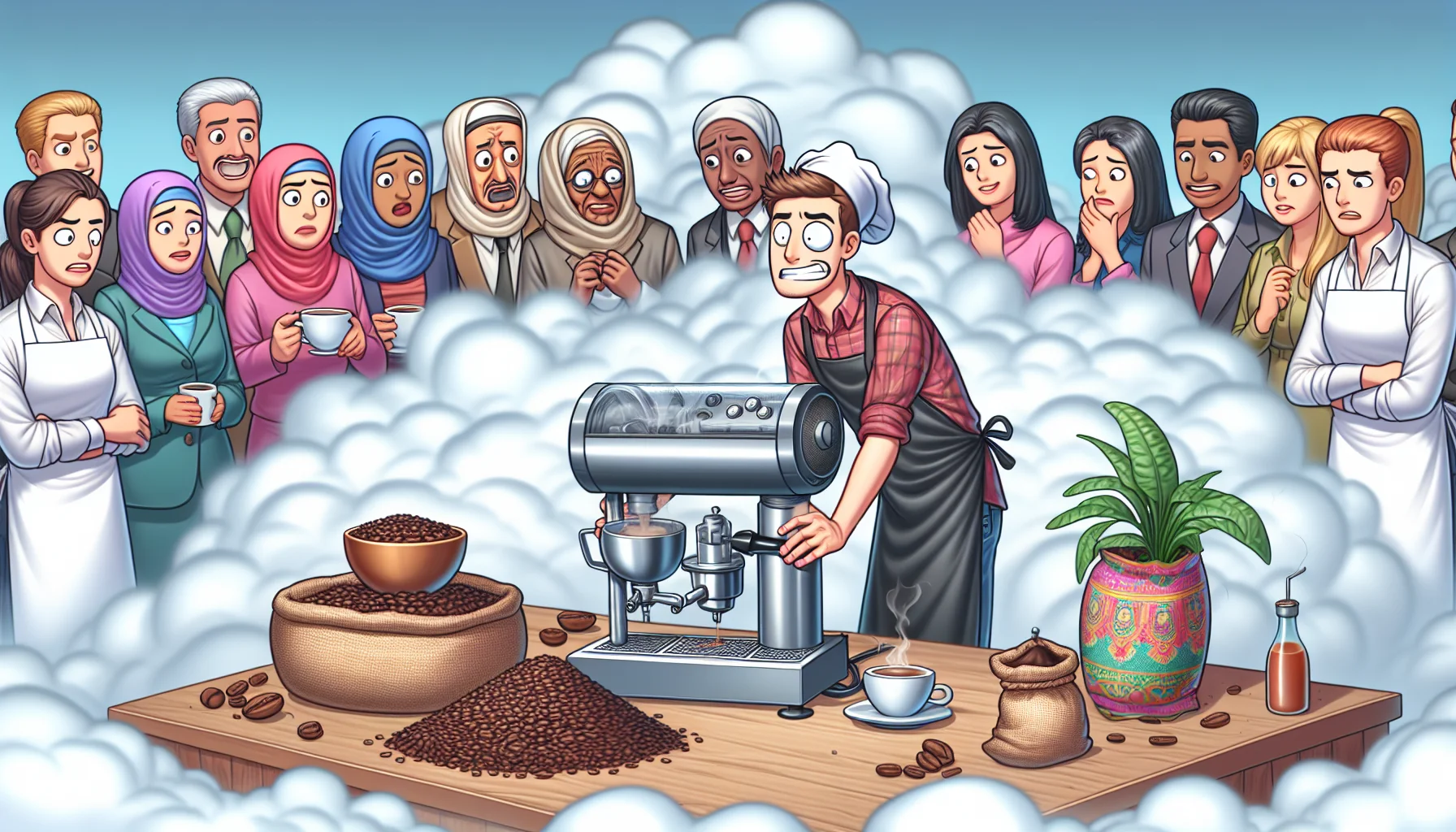 Create a humorous scene at a generic coffee and tea shop. It involves a novice barista, a Caucasian male in his early twenties, who is confusedly trying to operate a fancy brewing machine amidst a cloud of steam. Different exotic bags of coffee beans and tea leaves are scattered all around him. Customers, ranging from a Middle-Eastern elderly woman to a South Asian adolescent girl, are watching his brewing journey with amusing expressions on their faces.