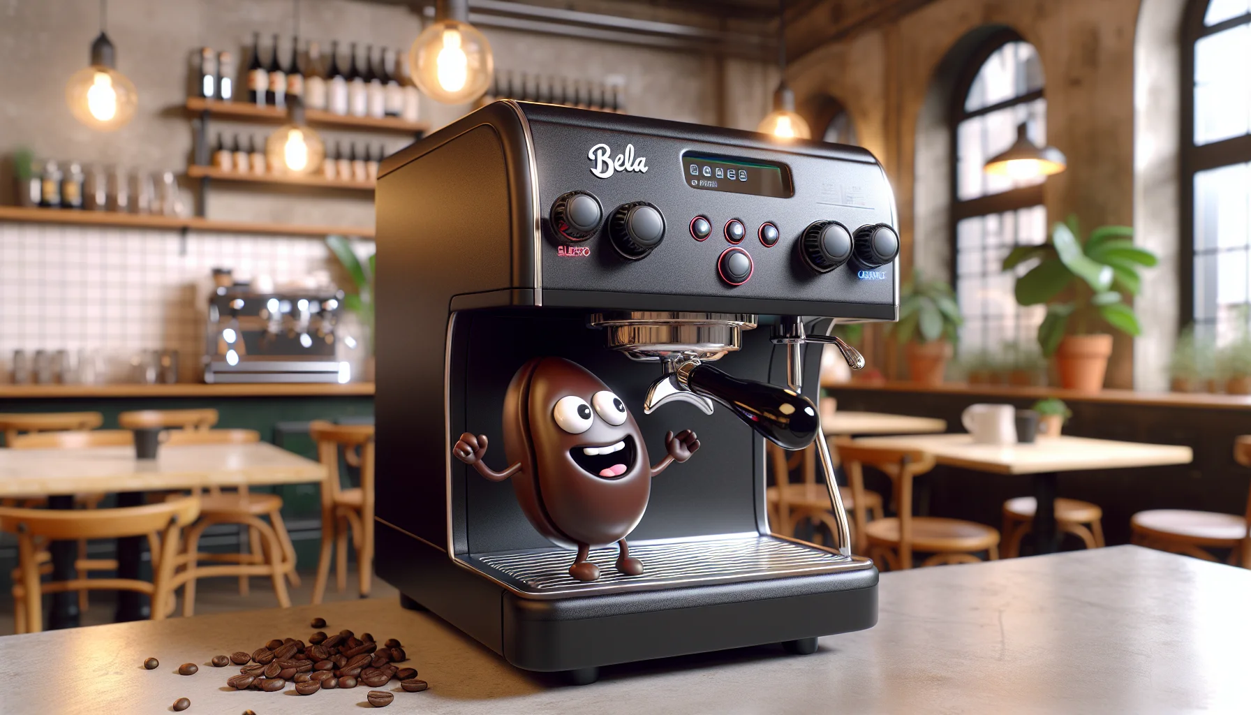 Create an image of a generic modern black espresso machine similar in style to the Bella Pro Series. The espresso machine is set in a whimsical scene in a bustling café. A 3D cartoon version of an espresso bean -with googly eyes, arms and legs- is grinning, pulling levers to operate the espresso machine, giving an expressive body language that hints it's having the time of its life. It's like it's saying 'Join the party, have an espresso!' This lighthearted scene encourages people to enjoy espresso in a playful manner.