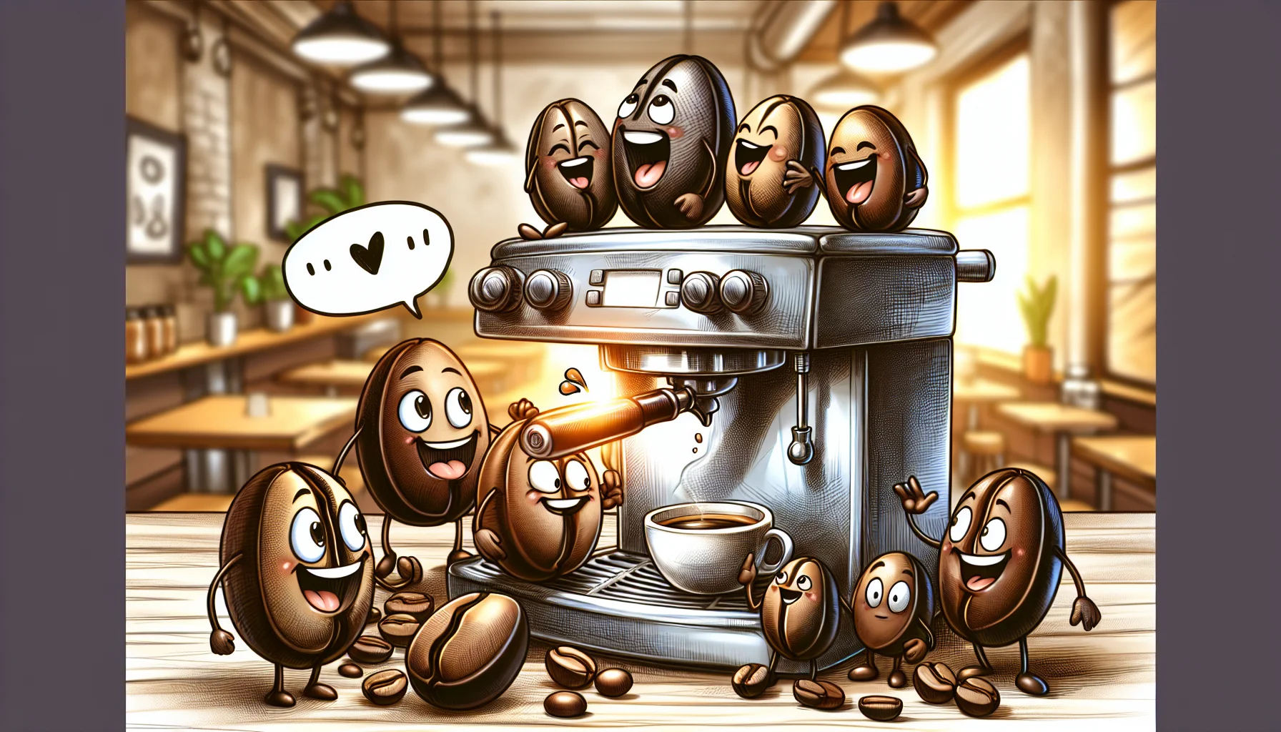 Draw a high-quality, realistic image featuring different types of beans known for making delicious espresso coffee. Show them in a fun and quirky scenario where they are gathered around a tiny coffee machine, eagerly waiting their turn to be brewed into espresso. Some are laughing, others are encouraging each other, capturing a lighthearted camaraderie. In the background, use warm colors to create an inviting and cozy coffee shop atmosphere, making people feel enticed to enjoy a rich cup of espresso.