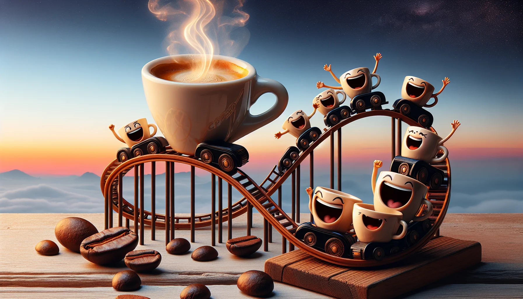Design a whimsical and visually appealing scene, where espresso cups are the stars. The espresso cups are seen pendulating on a miniature roller-coaster, designed with elements that reflect the boldness of coffee beans and the steam of a fresh brew. Add in a surreal touch where the coffee cups laugh and cheer as if the thrilling ride is the biggest adventure of their lives. The entire scene is set against the backdrop of a dawn sky, indicating the perfect time for a refreshing espresso, thereby enticing viewers to enjoy a cup of coffee.