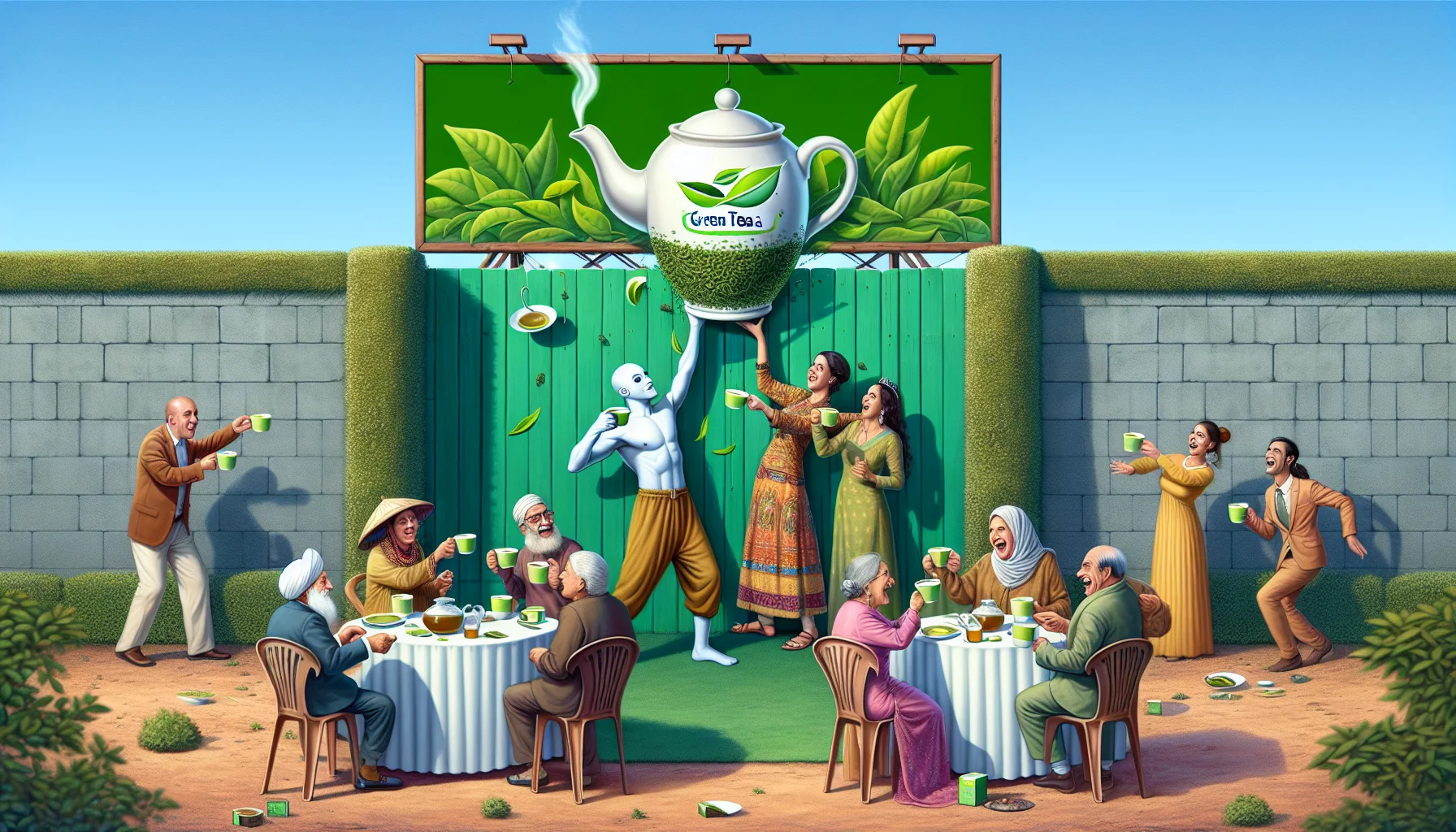 Imagine a humorous scenario set at an outdoor tea party. A huge billboard is set in the background bearing the logo of the best-rated green tea brand -- depicted by a steaming teapot with vibrant green leaves swirling around it -- and the tagline 'Sip your way to serenity!' Below, an interesting gathering of guests are seen having fun while sipping green tea. A South Asian gentleman in traditional clothing competes with a Hispanic lady in an elegant dress, both trying to balance teacups on their heads. A Caucasian elderly man and a Middle-Eastern woman, each holding a cup of green tea, are laughing uproariously at the antics of a mime pretending to be trapped behind an 'invisible' wall.