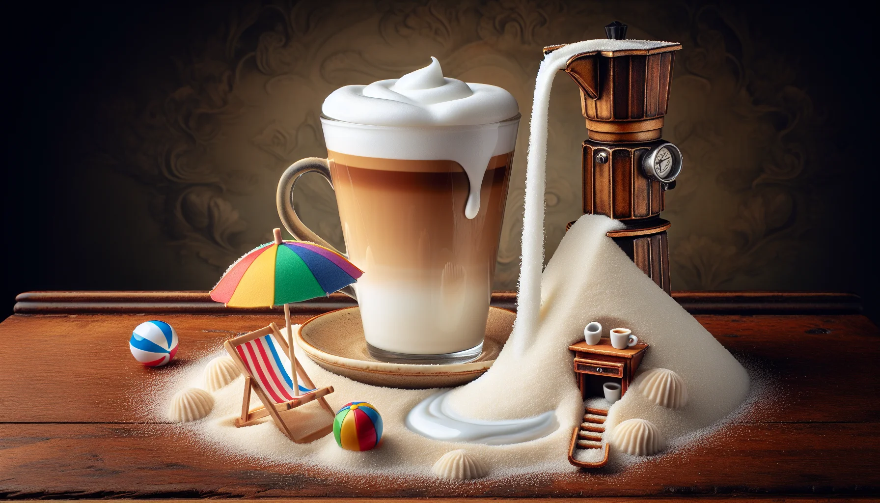 An intriguing image that features a cup of creamy, frothy, Bianco Latte, set in a humorous scenario to entice people. The latte itself is the star of the scene, personified with a rainbow parasol as if enjoying a sunny beach day. Next to the latte, a tiny beach chair is buried in white sugar grains resembling sand. A miniature striped beach ball is playfully nestled near the 'sandy' sugar. The backdrop offers an imaginative espresso waterfall, pouring into a vast sea of cream. All this comical feast is set on an opulent vintage-style wooden table.