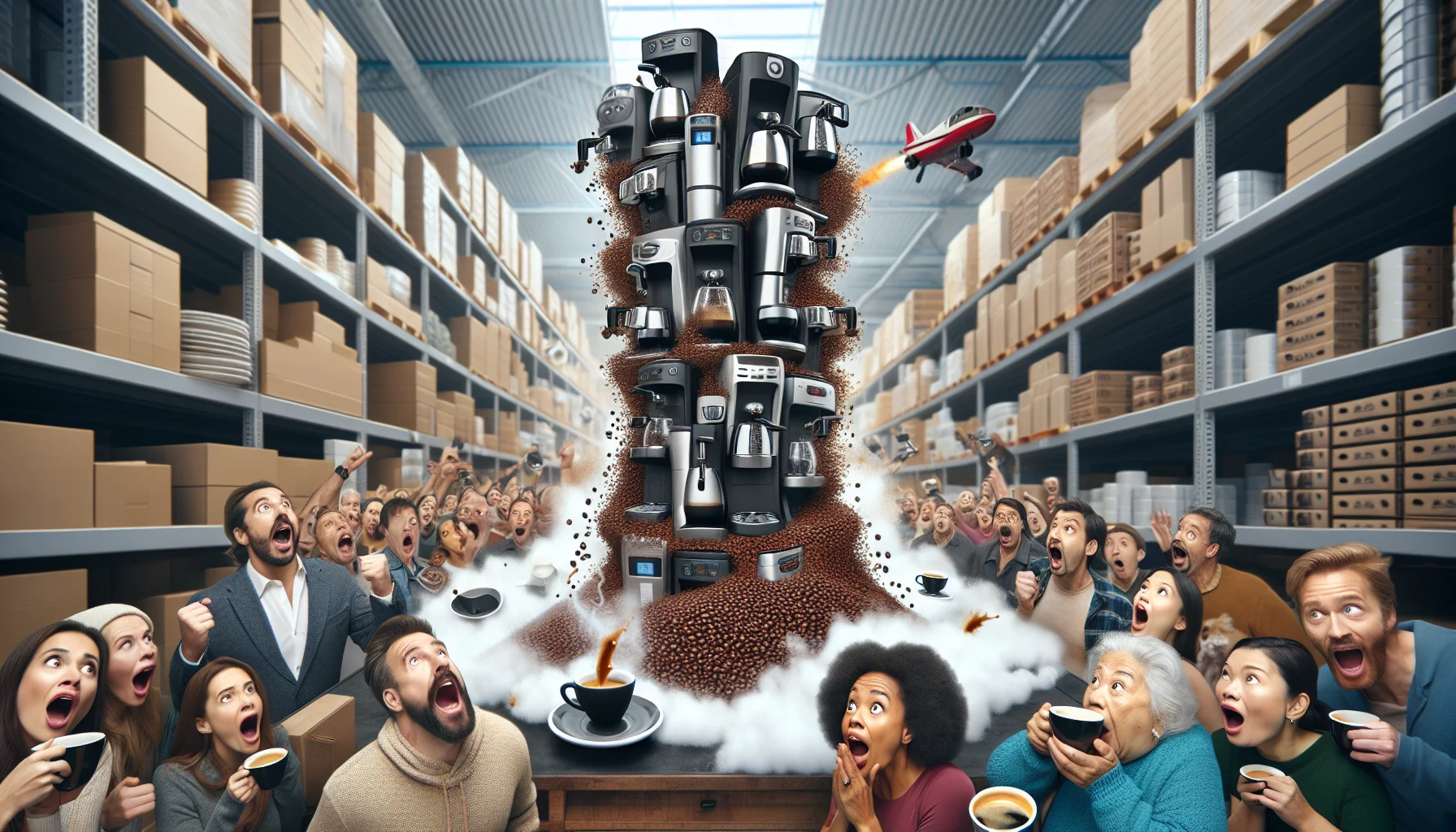 Create a humorously exaggerated scene of Black Friday shopping frenzy at a home goods store. Focus on a towering stack of shiny new espresso machines which is so tall that it nearly touches the ceiling. A diverse crowd of eager customers, including a Caucasian man, a Middle Eastern woman, a Hispanic elderly woman, and an Asian young man, are surrounding the stack, with their eyes wide in amazement and excitement. Add some surreal elements such as flying coffee cups, a river of steaming espresso flowing down the aisles, and foam spelling out 'Great Deal!' in the air, creating a fantastical, enticing atmosphere.