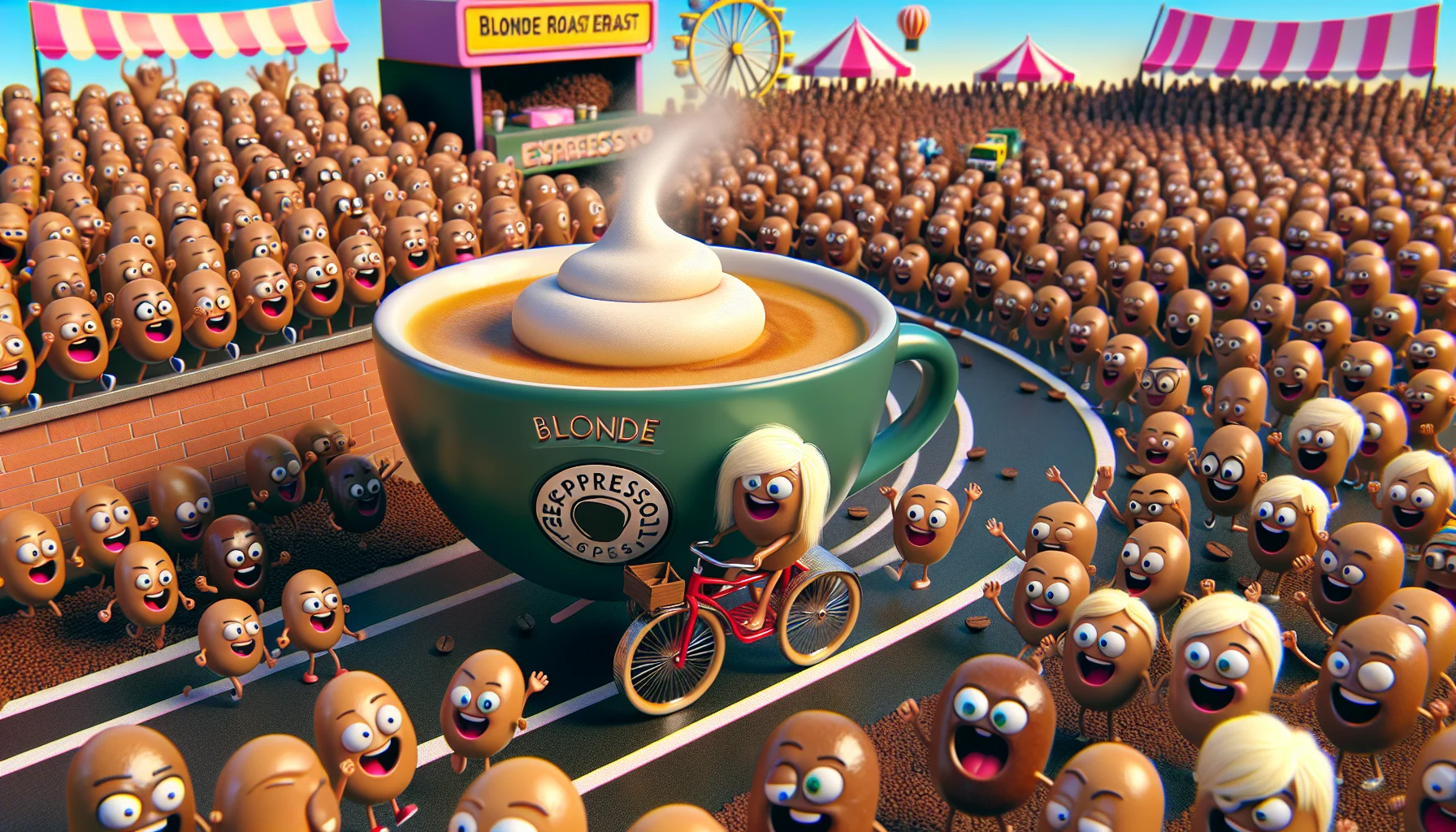 Imagine a humorous yet convincing scene that showcases a blonde espresso roast. A large, steaming coffee cup perched on a tiny tricycle is wheeling itself through an energetic crowd of coffee beans cheering it on. All the coffee beans are varying shades of brown, symbolizing the different roasts, and they have cute cartoon faces showing a mix of excitement, awe, and surprise. They're holding mini signs cheering for the blonde roast espresso. In the background, a carnival atmosphere prevails with tiny fairground attractions such as a Ferris wheel and food stalls to keep up the joyous energy.