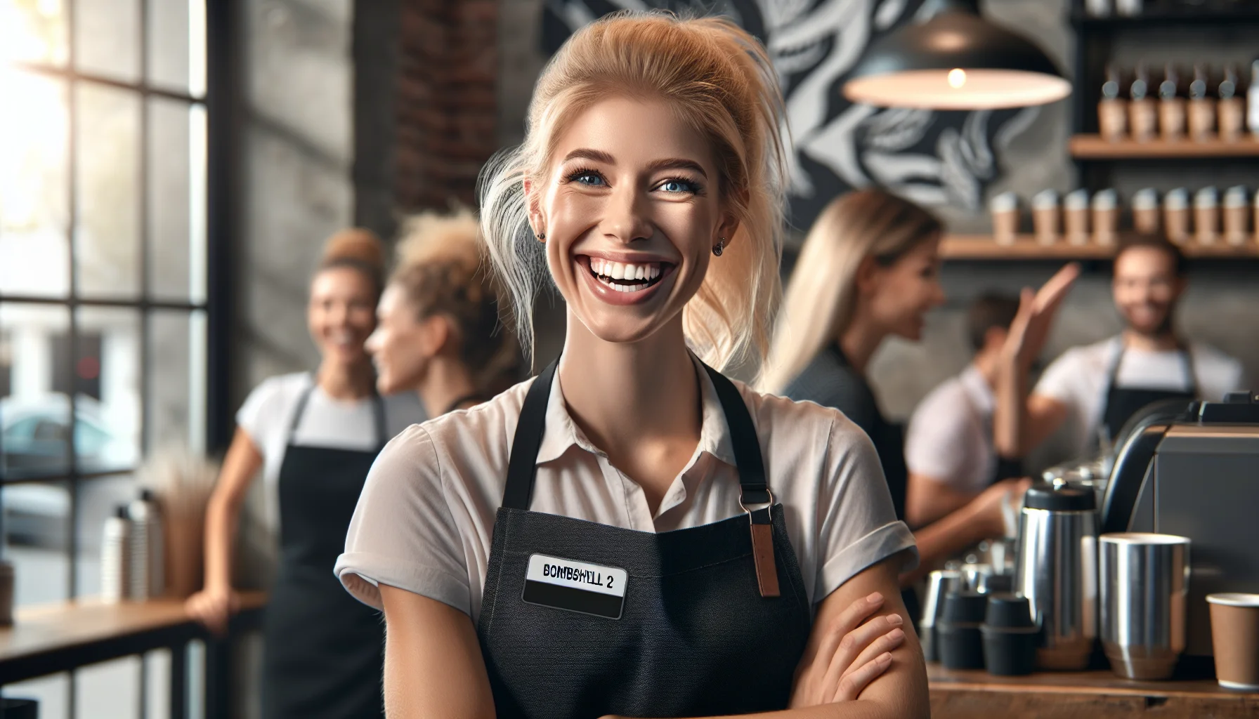 Create a realistic image of a charismatic, blonde-haired Caucasian female barista. She's in a humorous situation at a bustling coffee shop, cleverly engaging her clientele with a winning smile and a playful sense of humor, advertising the delicious coffee. She wears a black apron, her hair tied back in a neat ponytail, and a name tag that reads 'Bombshell 2'. Her light-hearted antics, combined with the inviting scent of fresh brewed coffee, enrapture all who enter the café.