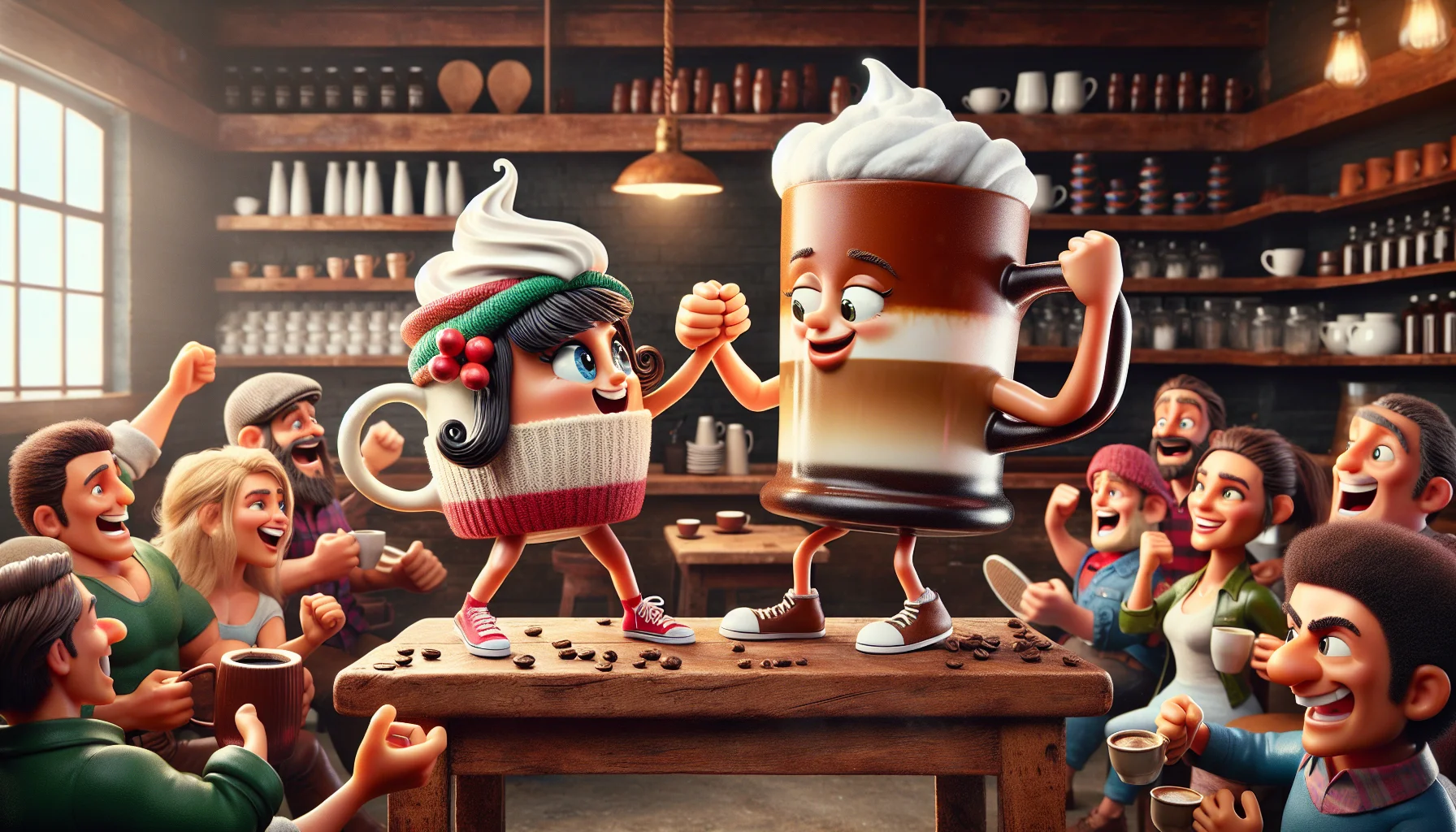 A lively scene taking place at a charming, rustic coffee shop. On the left, there's a tiny jovial cup of espresso breve symbolized as a lively and petite female character of Hispanic descent with a dollop of foam as a stylish hat. On the right, a much taller latte mug portrayed as an amiable and tall male character of Caucasian descent, wearing a rich and steaming creamy milk as a fluffy cardigan. They are engaged in an exaggerated arm-wrestling match atop a wooden table, giving a look of friendly rivalry. The background is filled with coffee enthusiasts of various races and genders, cheering for their favorite coffee type.