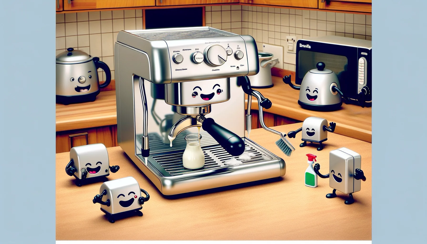 Picture a comedic scene in a home kitchen. In the center, there's a silver espresso machine with shiny buttons and a milk frother attached, resembling a modern Breville model. This machine has arms and legs similar to cartoon characters but still retains its appliance shape. It holds a tiny scrubbing brush and a bottle of cleaning solution, attempting to clean its own portafilter with a concentrated facial expression. Around the kitchen, other appliances such as a toaster and a blender are laughing and cheering it on. This scene infuses humor into the routine task of cleaning espresso machines, creating an enticing environment for coffee enthusiasts.