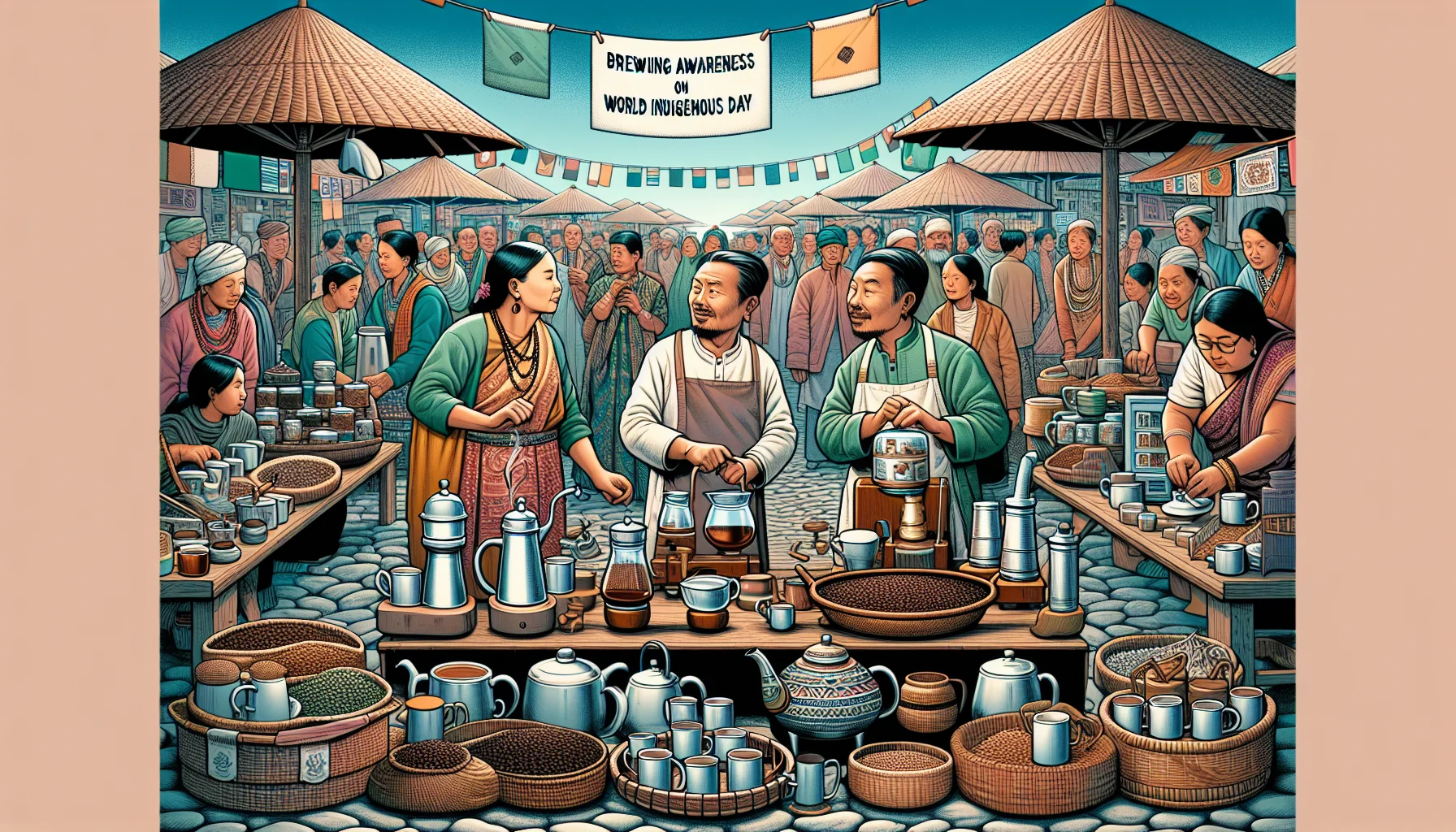 Generate an engaging and humorous scene for World Indigenous Day awareness. The scene should take place in a busy marketplace showcasing stalls selling a variety of tea and coffee brewing products. Detailed illustrations of various brewing apparatus such as teapots, coffee makers, mugs, and different varieties of tea leaves and coffee beans should be displayed. In the middle of the scene, a South Asian woman and a Caucasian man, both portraying shopkeepers, engage in a friendly brewing competition which amuses the diverse crowd gathered around them. The crowd should include people of different genders and descents. Include a banner floating in the sky with the text 'Brewing Awareness on World Indigenous Day'. The overall vibe should be vibrant, fun and culturally rich