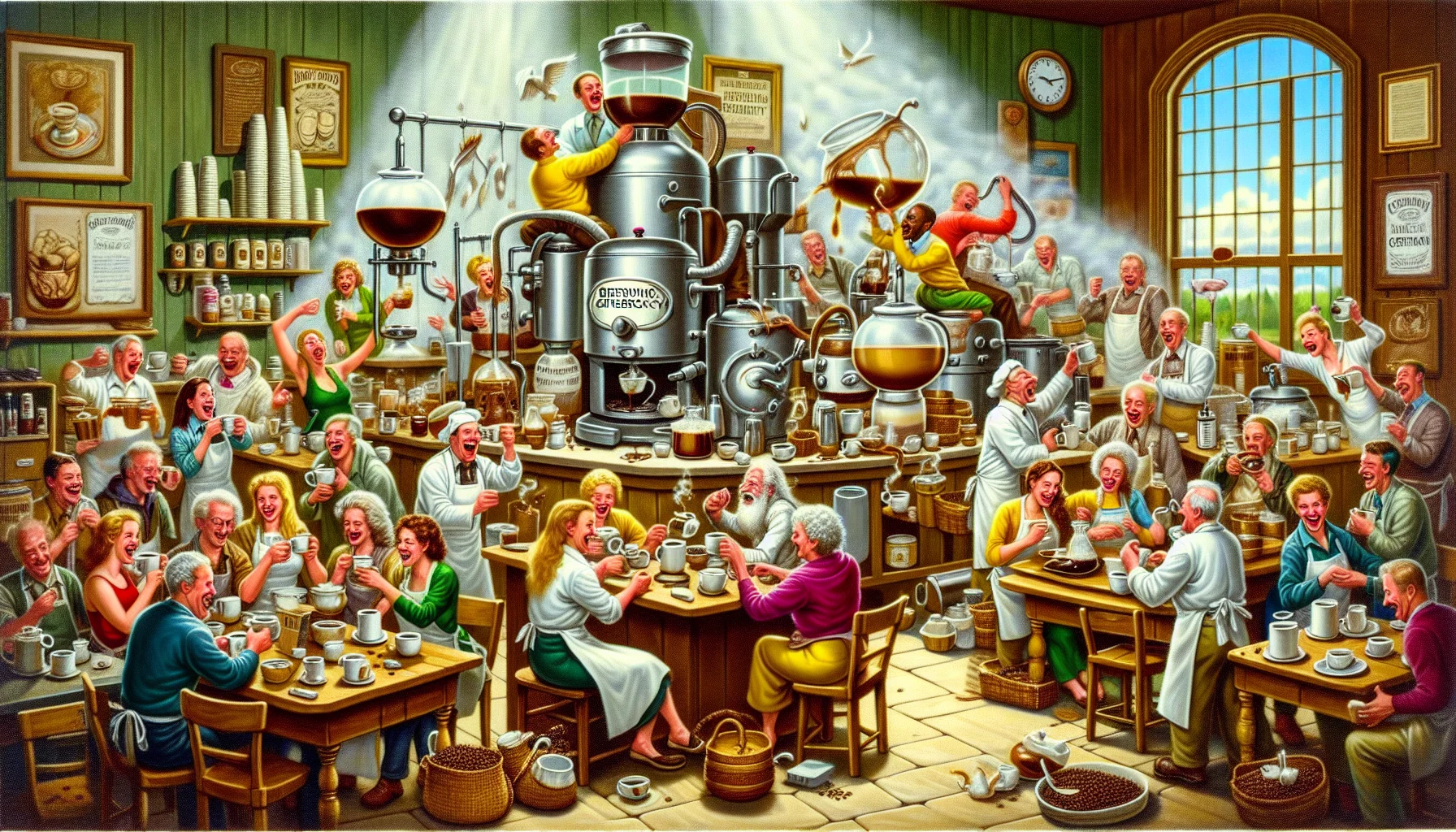 Create a detailed and engaging depiction of a hilarious scenario centered around the concept of 'Brewing Generosity'. Specifically, illustrate the scene to be filled with a hearty and happy ambiance, with individuals eagerly brewing coffee and tea. Place emphasis on the process, showing a variety of brewing methods and equipment in use. Show a diverse range of people, each visibly enthusiastic about the task at hand. The overall atmosphere should be one of camaraderie and generosity, with shared laughter of the people filling the air. Surroundings should be cluttered with a range of coffee and tea products, perhaps artistically displayed to add to the charm of the scene.