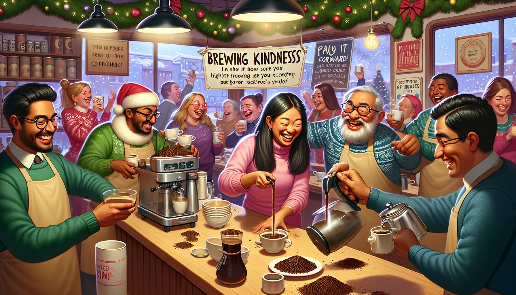 Imagine a humorous scene unfolding in a bustling coffee and tea shop during Christmas season. Patrons are happily engaged in a 'Pay It Forward' initiative titled 'Brewing Kindness'. A South Asian woman is carefully pouring hot water over coffee grounds, while a Caucasian man is intricately preparing a tea infusion. Christmas decorations are adding to the festive mood. People are laughing and exchanging gifts and there is a communal feeling of celebration and joy. Signboards around the cafe exude messages about 'Brewing Kindness'. The playful atmosphere is heightened by the holiday spirit and the aroma of brewing coffee and tea.