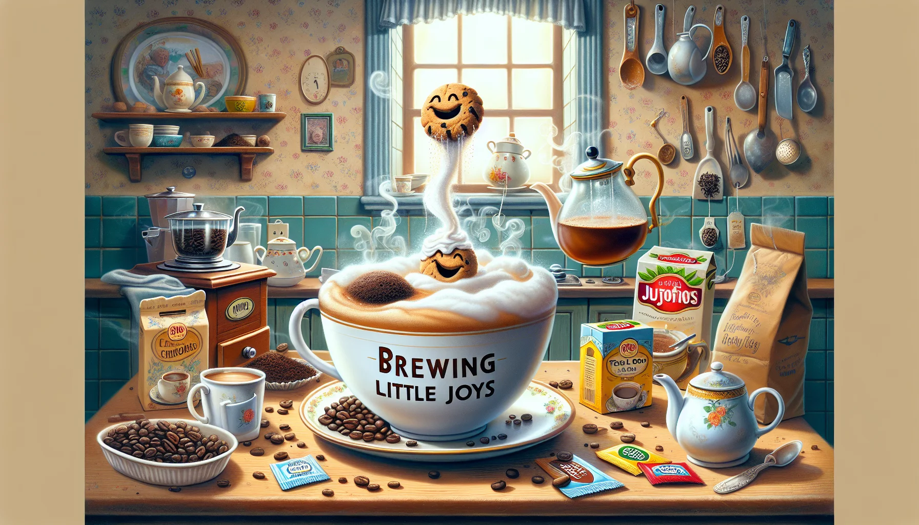 Visualize a light-hearted and humorous situation in which a steaming cup of coffee and a teapot full of fragrant tea are the central characters. They are in a cozy vintage kitchen bustling with 'Brewing Little Joys'. The coffee cup, brimming with frothy cappuccino and a little cookie floating like a raft, emits a chuckle-inducing aroma that swirls around. The tea pot, full of aromatic Earl Grey tea, has several tea bags hanging like playful vines, adding to the fun. The scene is alive with various coffee beans, tea leaves, packets of creamer and boxes of tea bags arranged haphazardly, contributing to the friendly chaos of the enjoyable brewing process.
