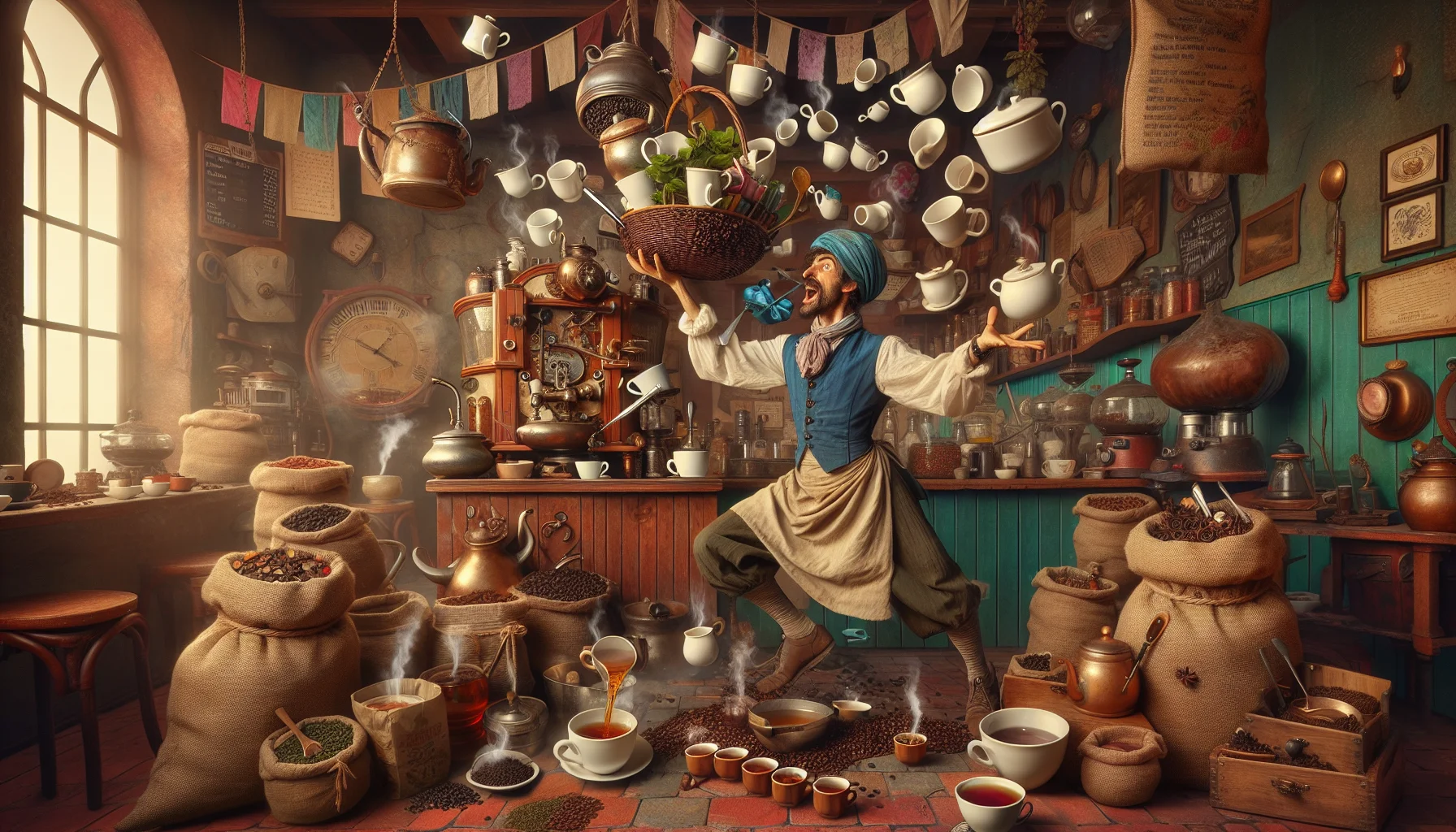 Create a humorous scene which showcases an individual named 'Aris Moreno', who is passionate about making tea and coffee. This person could be depicted in a whimsical steampunk-inspired attire, frantically juggling a variety of tea and coffee brewing tools, bags of tea leaves, and coffee beans. The traditional coffee and tea brewing machines around this character are unique and captivating, emanating tempting aromas. The background setting is a charming, bohemian café filled with steaming mugs, pots of tea, and coffee brewing gadgets. Imagine the laughter and delight this brings to the café's multicultural and multi-gender patrons.