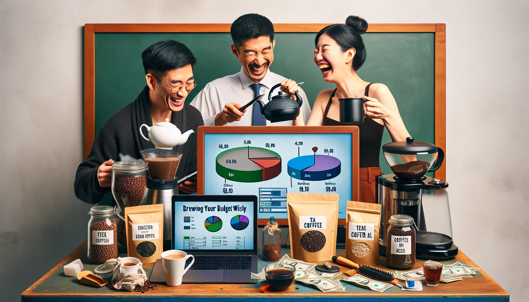 Create a humorous, reality-based scene representing proper financial management themed around tea and coffee brewing. The image should include a casual work-at-home setting, with an East Asian man attentively examining a teapot and a South Asian woman laughing while holding up a bag of budget-friendly coffee beans. Nearby, a laptop should display a funny pie chart titled 'Brewing Your Budget Wisely', dividing funds between tea, coffee, and savings. Include various affordable tea and coffee products scattered around, such as packs of tea leaves, jars of instant coffee, a French press, and a coffee grinder.