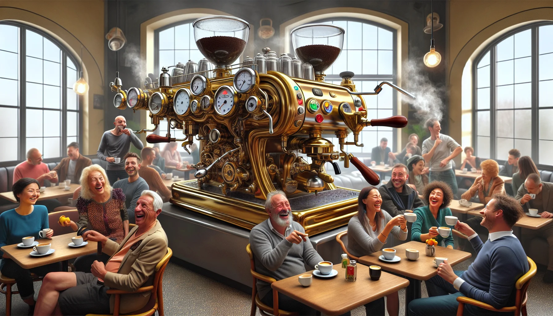 Imagine an unconventional and humorous scene in a busy cafe: an Italian-styled espresso machine assumes a playful personality. The intricate apparatus, featuring polished brass, bulbous glass tanks, and intricate gauges, is seen cheerfully 'dancing' with a cup of freshly brewed espresso in its levers, bubbling with fragrant steam. Various customers of all genders and descents, some midwestern American, Asian, African, Hispanic, and Middle Eastern, observe the spectacle with enchanted smiles, their attention captivated. The enticing aroma of fresh coffee fills the air, and the energy in the room conveys an irresistible invitation to join in the coffee-enjoyment.