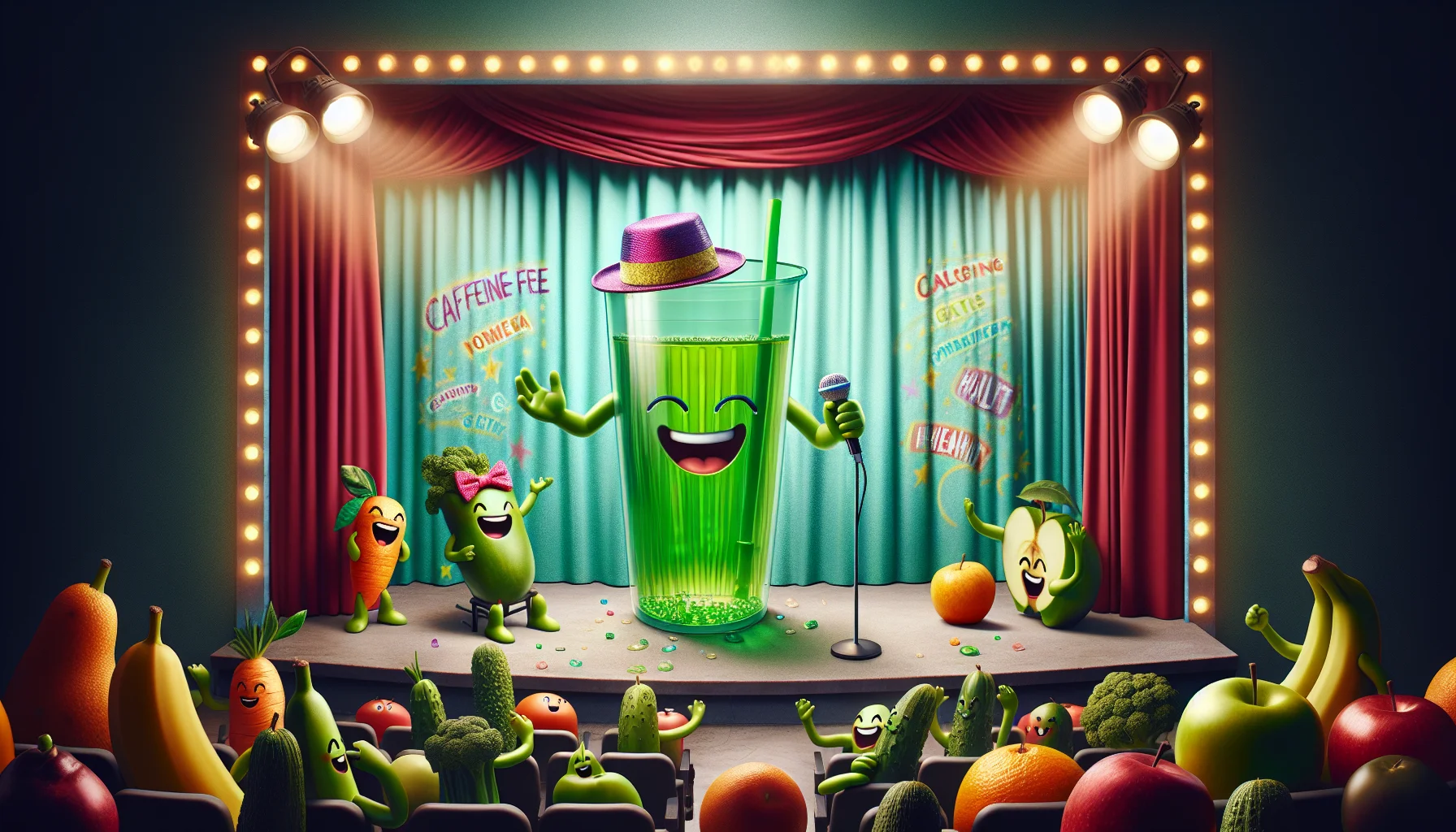Visualize a playful and light-hearted scenario where a large transparent mug of caffeine-free green tea stands proudly on a comedy stage, catchy spotlights highlighting its bright green color. It is donned with colorful comedy hat and bow tie while holding a tiny microphone, performing an animated stand-up comedy routine. The audience consists of giggling fruits and vegetables, like oranges, apples, carrots and cucumbers showing various positive reactions. Skits painted on the backstage curtain represent themes of health and rejuvenation to symbolize the benefits of the tea. Everything is designed to evoke laughter and create an inviting atmosphere to enjoy the tea.