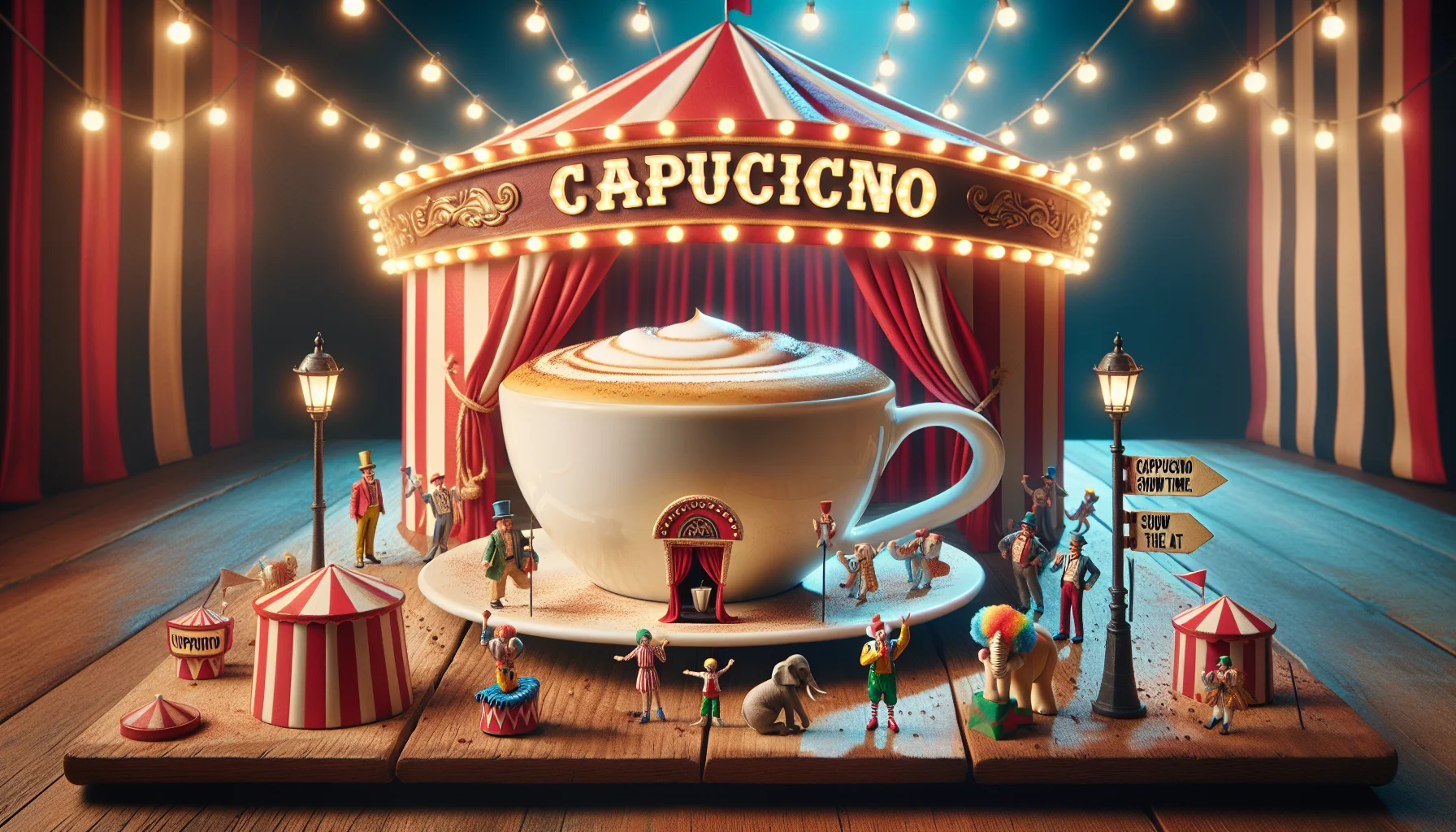 Create a realistic image of a cappuccino cup placed in a humorous setting. The cappuccino cup, with a perfect frothy top, sits in a miniature red and white striped circus tent surrounded by tiny clowns and elephants, implying that it is the star of the show. The background is illuminated with old-fashioned carousel lights, adding to the festive ambiance. A signpost next to the tent reads 'Cappuccino Show Time.' The entire scene bursts with splashes of vibrant colors, giving a fun, playful vibe that makes coffee drinking seem like an entertaining circus performance.