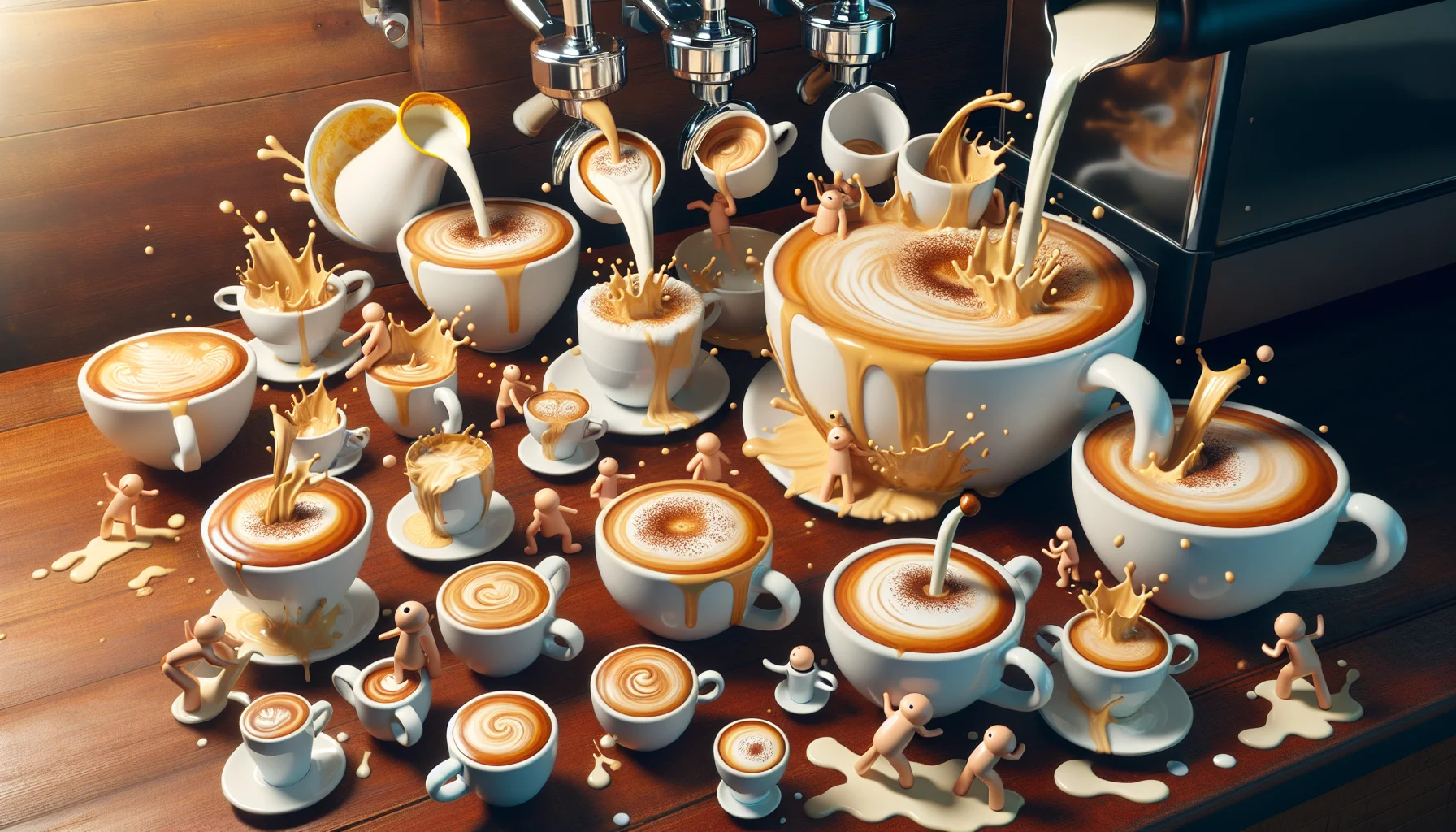 Generate an amusing yet realistic scene of a café setup. Picture this: a group of cappuccino cups are frolicking around on the café table, as if they have come alive. Various sized cappuccino cups, from tiny to gigantic, are playing tag, making it a seemingly friendly competition among them. Some are filled with frothy golden brown cappuccino, while others are just about to be filled by an automatic coffee machine pouring out cappuccino. There should be splashes of coffee and milk creating a joyful and lively mess. The whole animated scene should express a sense of playfulness and invite viewers to take part in the zestful coffee experience.