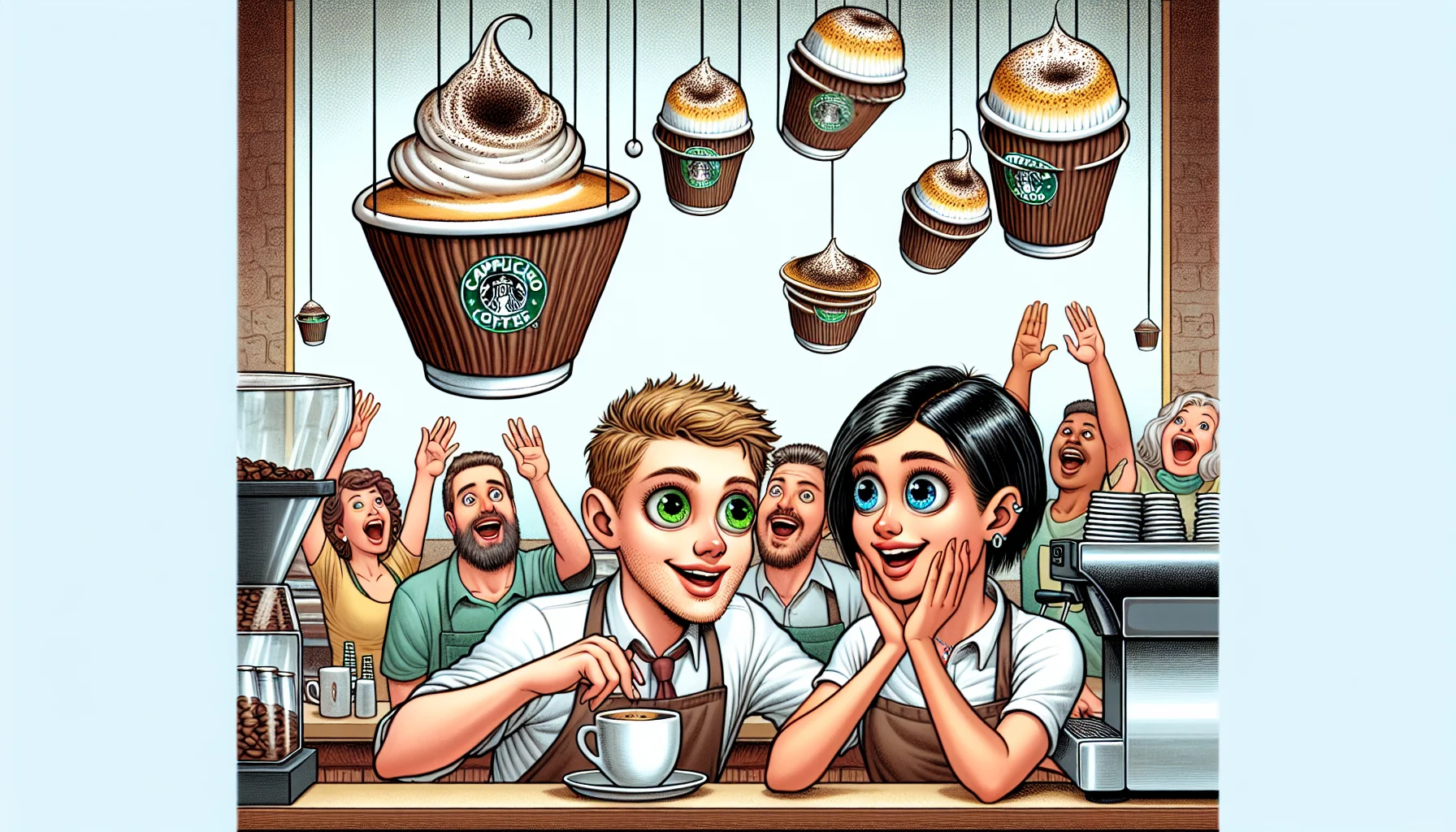 Create a humorous scenario featuring cappuccino K cups. The setting is a lively coffee shop, where a Caucasian male barista with green eyes and brown hair, alongside a South Asian female barista with speckled gray eyes and a pixie cut, are serving. Both of them are fascinated and amused by the incoming K cups, looking like tiny parachutes descending from above towards the beloved espresso machine. Patrons cheer in the background, mesmerized by the spectacle. The cappuccino K cups are drawn in meticulous detail, radiating a sense of warmth and frothy goodness. The humorous charm of the scene encourages viewers to enjoy a cup of their own.