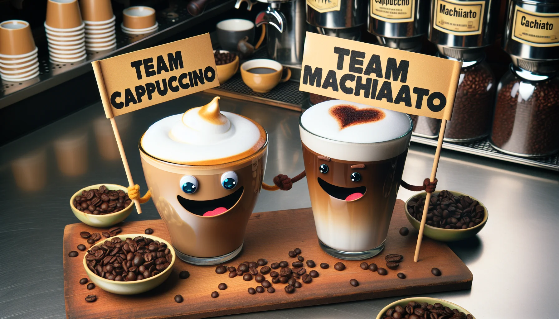 A humorous and realistic depiction of a friendly rivalry between two popular coffee drinks: cappuccino and macchiato. Each drink is anthropomorphized, having cartoon eyes and arms. The cappuccino, a taller frothy drink with a broad smile, is holding a banner that reads 'Team Cappuccino'. On the other hand, the macchiato, a smaller strong drink, holds a banner reading 'Team Macchiato'. They are standing on a coffee shop counter surrounded by coffee beans, a barista's tools and cups, encouraging people to choose their side in this friendly coffee competition.