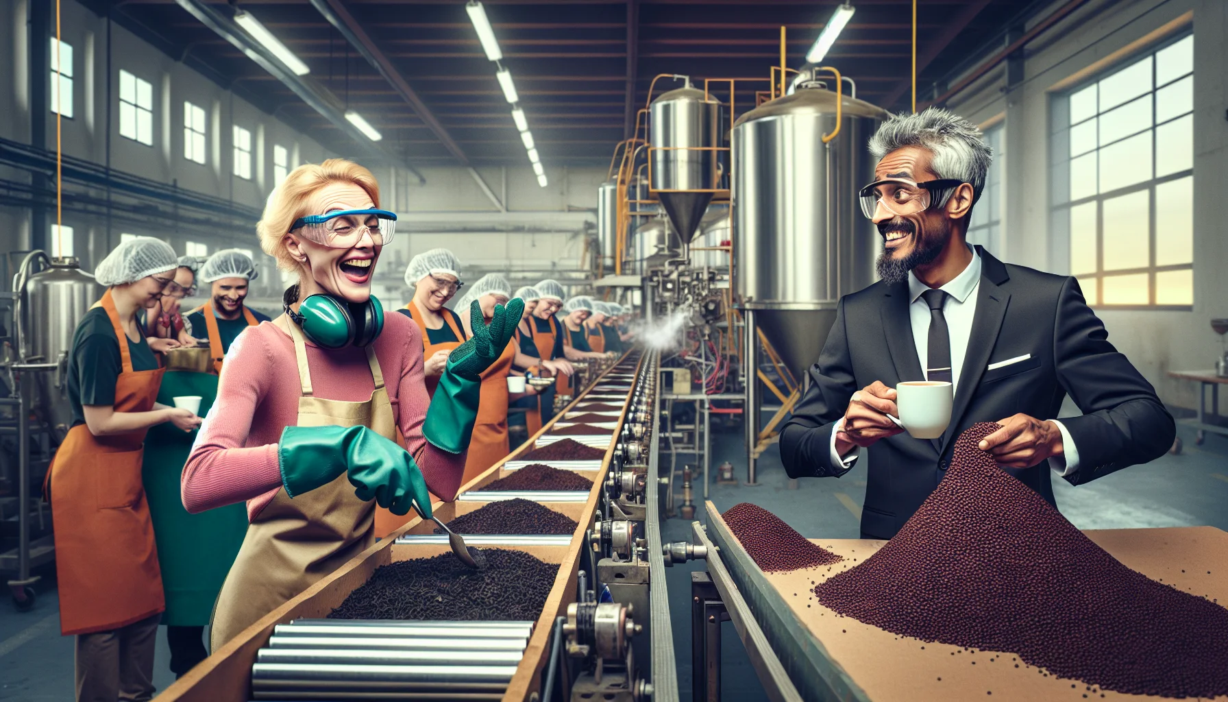 Develop a humorous, realistic scene situated in a brewing factory. In the foreground, envision a female Caucasian brewmaster with safety goggles and apron, enthusiastically testing a freshly brewed tea; next to her, a male South Asian coffee industry executive, dressed in a sharp business suit, holding a steaming cup of their latest coffee blend. Their expressions mirror mild competition and playful mockery. In the background, see conveyor belts bustling with boxes of tea and coffee products, and workers from varied descents and genders operating machinery filling bags with fresh tea leaves and coffee beans.