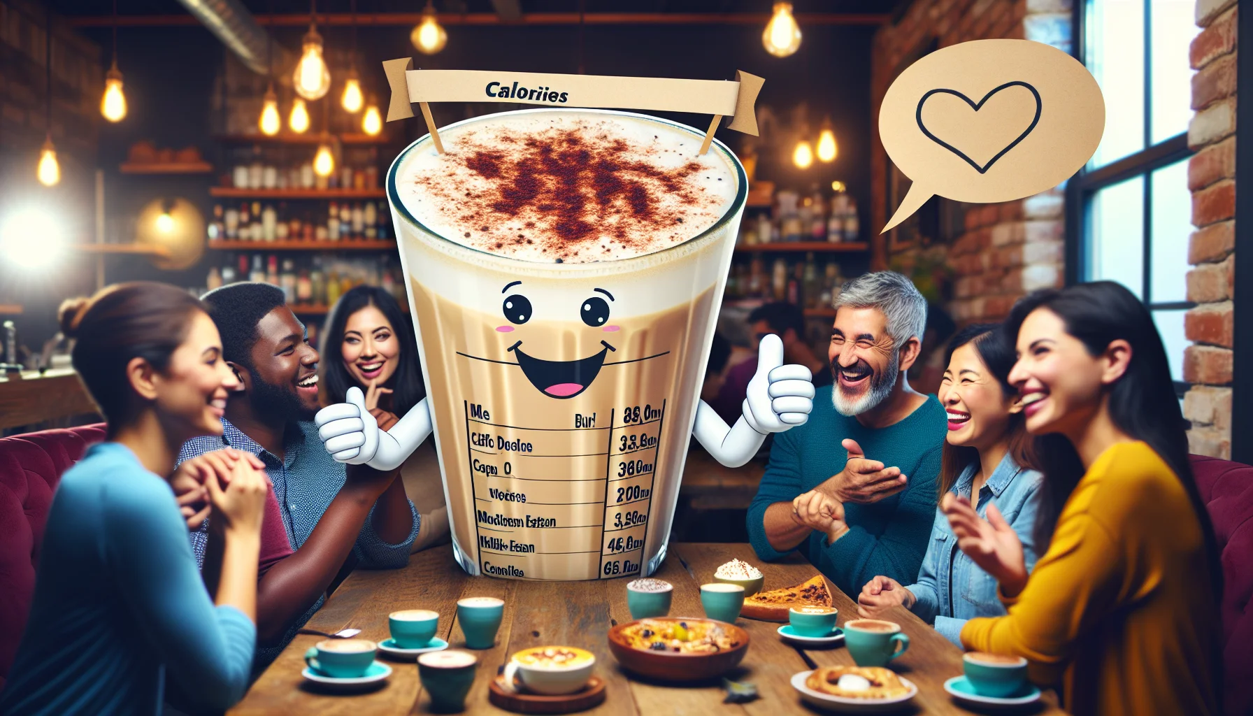 Create a humorously enticing scene where a chart showcasing the calories in a chai tea latte comes to life. The calorie chart could be delightfully grinning and inviting people to enjoy the drink, while holding a big cup of creamy frothy chai tea latte. Add a detailed background of a cozy cafe atmosphere with comforting warm lights and wooden furniture in abundance. A diverse group of people, including Hispanic men, Asian women, Middle-Eastern individuals, etc, could be around, having a good time, some of them intrigued by the amusing calorie chart.