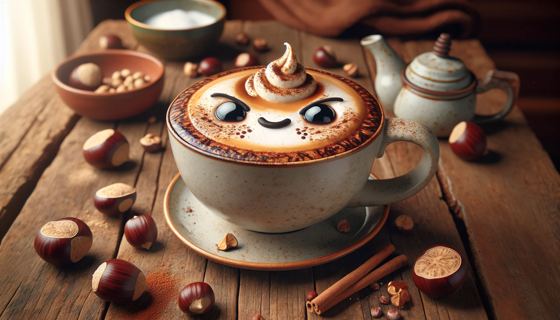 Create an amusing scene of a chestnut praline latte with its frothy, nutty surface and creamy color inside a trendy oversized ceramic mug. The latte sits on a rustic wooden table and seems to have a cartoonish, oddly cute face drawn in latte art on its surface, expressing an inviting aura. Bizarrely enough, small cartoonish arms on the sides of the mug appear to be beckoning people in. Around the mug, there are scattered chestnuts and a dusting of spices, suggesting a playful chaos. The warm, cozy atmosphere of the room suggests a festive, winter setting, encouraging viewers to sample the inviting drink.