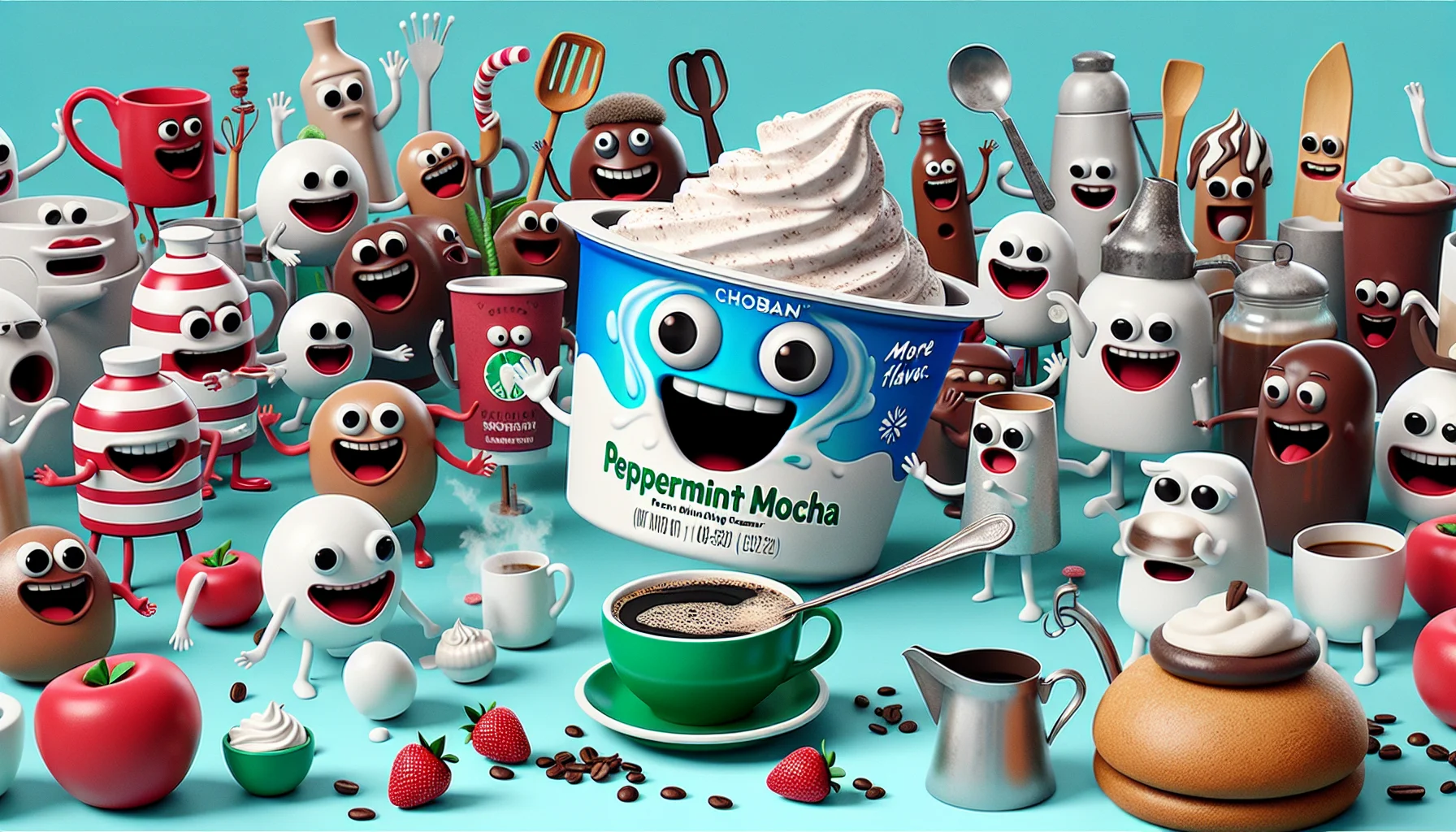 Imagine a humorous scenario featuring a container of peppermint mocha creamer, akin to what one might find from Chobani, as the centerpiece. This creamer has taken on a life of its own, with exaggerated googly eyes and a wide, beaming smile painted onto the packaging. It's attempting to pour itself into a steaming cup of black coffee, while a crowd of diverse friendly kitchen utensils watches with amazement and anticipation. A frothy latte is holding a sign that reads 'More Flavor, More Fun!' to bring an extra dash of fun and promotional charm to the scene.