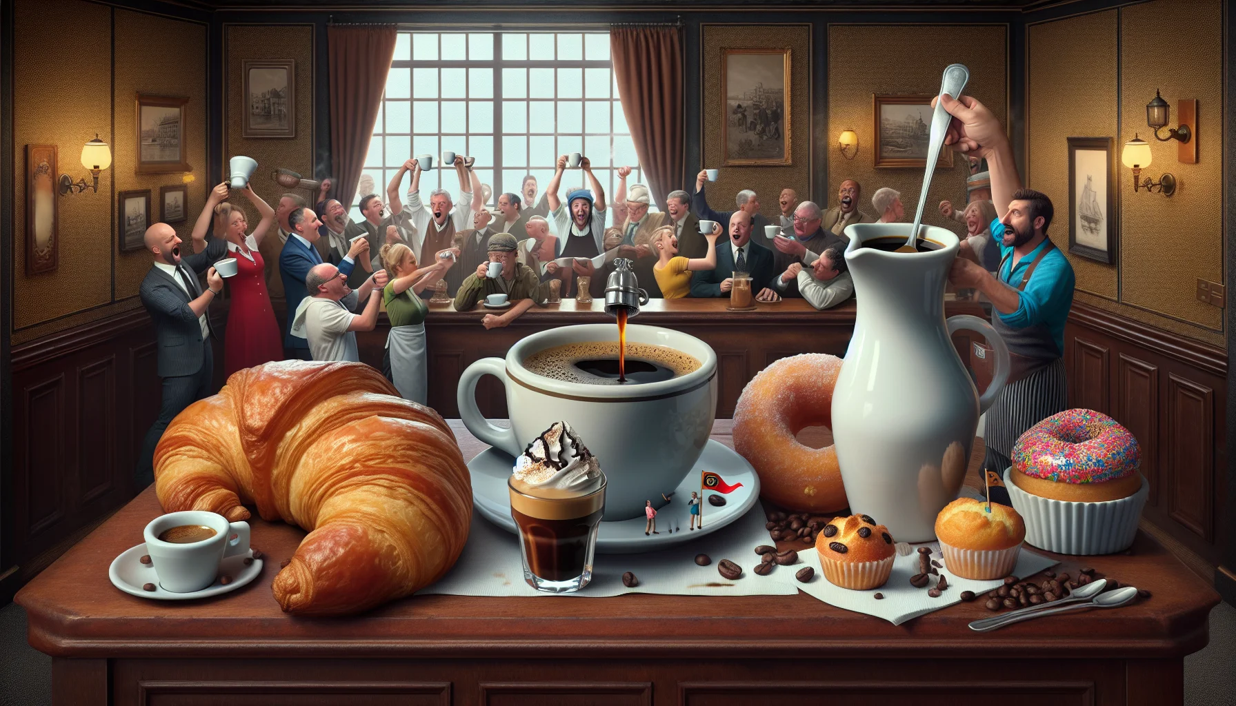 Create a humorous scene designed to entice people to enjoy coffee and espresso. The viewpoint is from an 'invisible barista', and the setting is an old-world café. Two mugs, one larger filled with brewed coffee and the other smaller filled with espresso, are displayed in the center. The coffee mug bears a comically oversized spoon, while the espresso cup contains an extraordinarily tiny spoon. Surrounding the mugs, an array of pastries - croissant, a donut, a muffin - each with a little flag rooting for their favourite drink. Toward the back, customers of diverse gender and descent are engaged in playful banter and laughter.