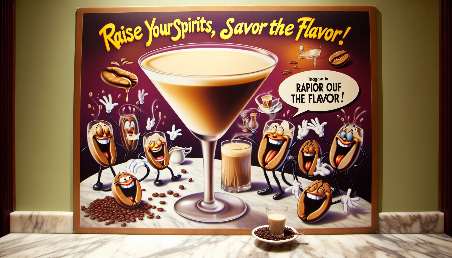 Imagine a humorous scene featuring a creamy espresso martini. Resting on a marbled countertop, the drink is elegantly garnished with coffee beans. The glass from which the exceptional cocktail is served is sweating slightly, testifying to the chill of the drink. The background shows playful depictions of espresso beans and martini glasses, perhaps with cartoonish faces and limbs, laughing and toasting to a good time. A bold banner at the top implores 'Raise your spirits, savor the flavor!', promoting the notion of unwinding in a delightful and playful way. The image thrives in a warm, inviting atmosphere, urging folks to revel in the joy of this delectable cocktail.