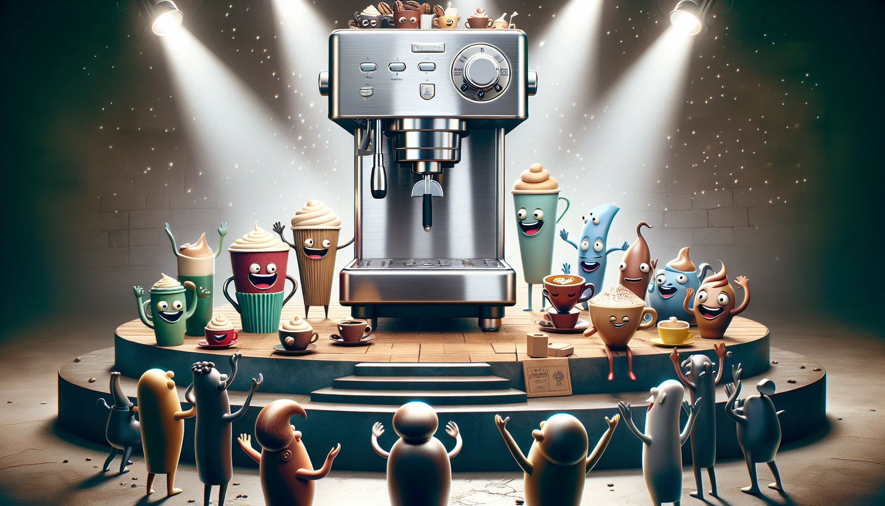 Create a whimsical and humorous image of a stainless steel Cuisinart espresso machine in an unconventional coffee shop ambience. The machine is heroically standing atop of a stage with spotlights dramatically illuminating it. Around it, cartoonish characters representing different types of coffee such as lattes, mochas, cappuccinos, and macchiatos, are applauding and cheering with sheer delight. Some characters can be seen gleefully waiting in line, patient in their desire to be brewed by the machine. The atmosphere is lively, full of laughter, as if inviting human customers into this animated world of coffee.