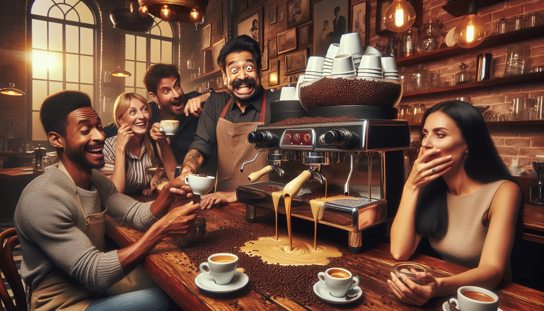 Picture a humorous scene set in a lively café. One end of the café, a South Asian male barista, with an impish grin, uses a large espresso machine overfilled with coffee beans causing a comical overflow of espresso. Three customers; a Caucasian woman, a Middle-Eastern man and a Black woman, all amused, watch the spectacle while cradling their own beautifully decorated espresso cups. Include warm, inviting tones; ambient lighting reflects off polished wood tables and vintage décor, reinforcing the café's homely atmosphere. Use the image to subtly convey the inviting allure of the espresso culture.