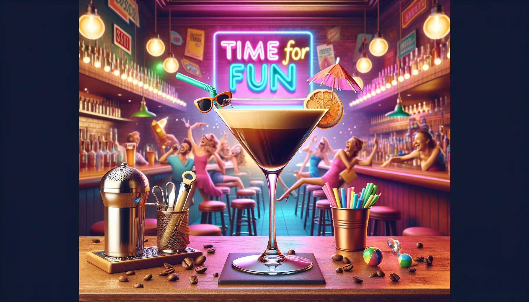 Create an image showcasing a humorously envisaged scenario revolving around a chilled espresso martini. Set in a lively and whimsical bar setting, the espresso martini glass takes on a life of its own, wearing a pair of sunglasses and waving a tiny cocktail umbrella. A neon sign in the background reads, 'Time for Fun', and the atmosphere around the bar is filled with laughter and enjoyment. Use vivid and appealing colors to make the ambiance as inviting as possible, reflecting the idea of a great time associated with enjoying the beverage.