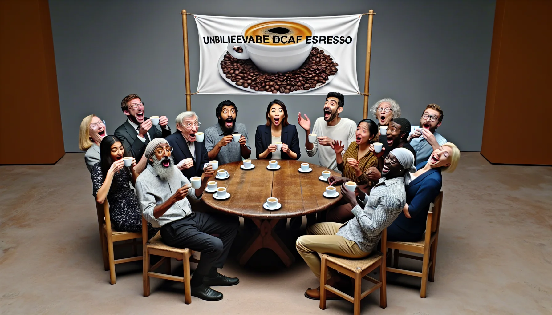 Generate an image depicting a humorous scene designed to inspire people to enjoy decaf espresso. Perhaps there is a merry group sitting around a circular wooden table, filled with multicultural people from diverse descents such as Caucasian, Hispanic, Middle-Eastern, South Asian, and Black, all indulging in small cups of decaf espresso with wide smiles on their faces. The expressions on their faces imply surprise at how flavorful and enjoyable the decaf espresso is. Also, there's a tall stand-up banner placed searingly nearby, displaying the text 'Unbelievable Decaf Espresso', helping to accentuate the comedic nature of their reactions.