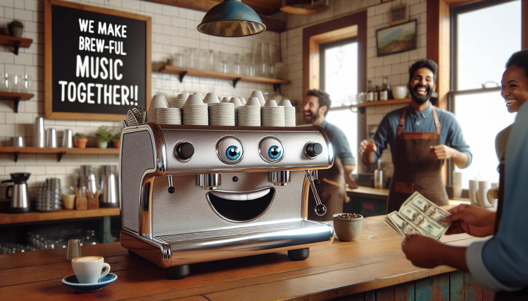 Imagine a humorous scenario, where a shiny, silver espresso machine is the center of attention. The machine is not just enticing but has cartoonish eyes and a wide grin painted on it. It's sitting on a well-polished wooden counter of a cozy café. There is a sign hanging above it saying, 'We make brew-tiful music together!' In the background, barista with South Asian descent and male gender is chuckling, an apron wrapped around his waist, while a customer, a black female, also laughs while handing over cash for her espresso. The atmosphere in the café is one of relaxed joy and anticipation for the delicious coffee.