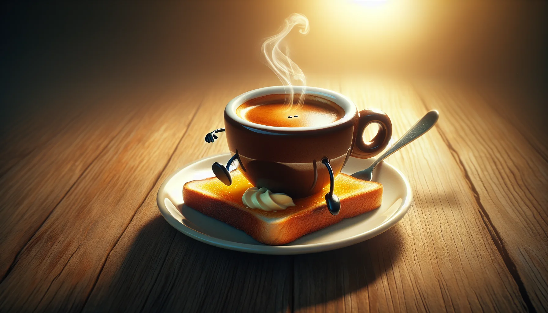Create a humorous and enticing scene featuring a steaming cup of espresso sitting on a small saucer. It's deep, rich brown color hints at its strong flavor. A tiny spoon rests on the saucer next to the cup. The cup has legs and arms, with which it is trying to jump off a sliding buttered toast. The toast is humorously bewildered by the coffee cup's adventurous spirit. The background consists of a wooden table and a warm sunrise, flooding the scene with a subtle golden light. This surreal scene embodies the joy and energy people derive from their morning espresso.