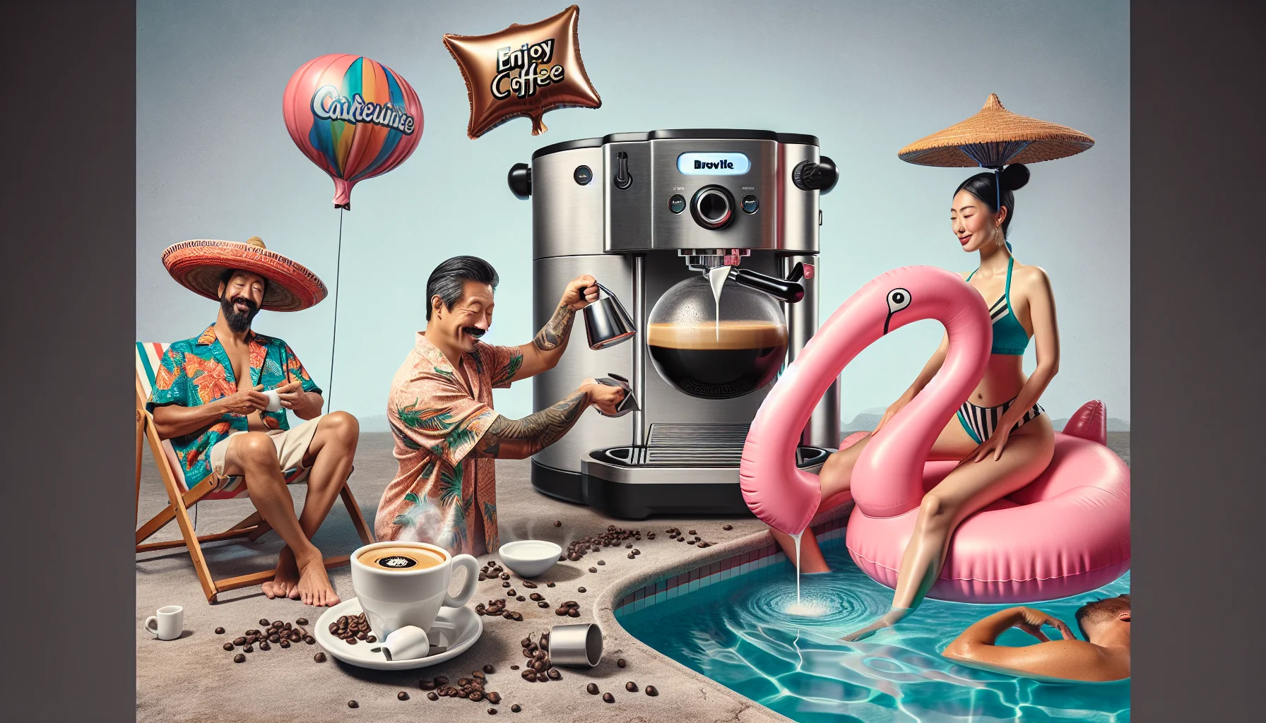 Imagine a scene that invites humor while advertising a high-quality espresso maker. The espresso maker has an attractive stainless-steel design similar to the Breville Barista Express. It sits in an unusual scenario, perhaps balanced precariously on an inflatable flamingo in a swimming pool. Nearby, a man of Eastern Asian descent, wearing a fancy sombrero and Hawaiian shirt, pours milk into a coffee cup with a look of concentration and joy. An amused woman of Middle Eastern descent lounges poolside, her smile welcoming as she holds out her cup in anticipation, and alluring balloons with 'Enjoy Coffee' float above. The whole scene embodies the concept of taking pleasure in the simple act of brewing coffee.