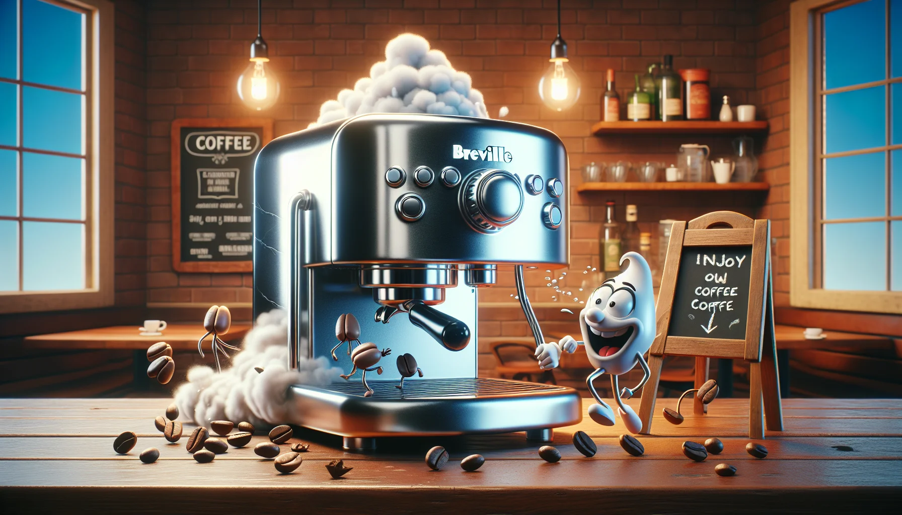 Imagine a humorous scenario depicting a shiny, Breville espresso machine in the midst of descaling. Perhaps there's steam whistling from its spout, and tiny, animated coffee beans are fleeing in amusement. On the side, a chalkboard sign stands, cheerfully inviting people to enjoy a freshly brewed coffee. The background reveals a cozy and warm cafe ambiance with brick walls, hanging light bulbs, and retro signage. The overall style should have a warmth and realism that evokes a smile.
