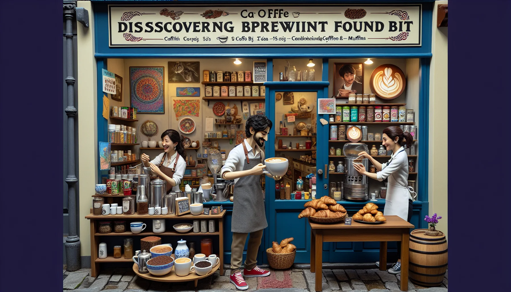 Create a humor-filled scenario portraying the discovery of a cafe that goes by the name 'Discovering Brewing Found Nothing But I'. The small but cozy cafe situated in a bustling city street corner should feature displays of various tea and coffee brewing activities. In the foreground, there should be a barista, a woman of Asian descent, skillfully preparing a complicated latte artwork while another barista, a Hispanic man, is serving a platter of fresh croissants and muffins. On the shelves behind them should be an array of diverse and exotic tea and coffee products from around the world.