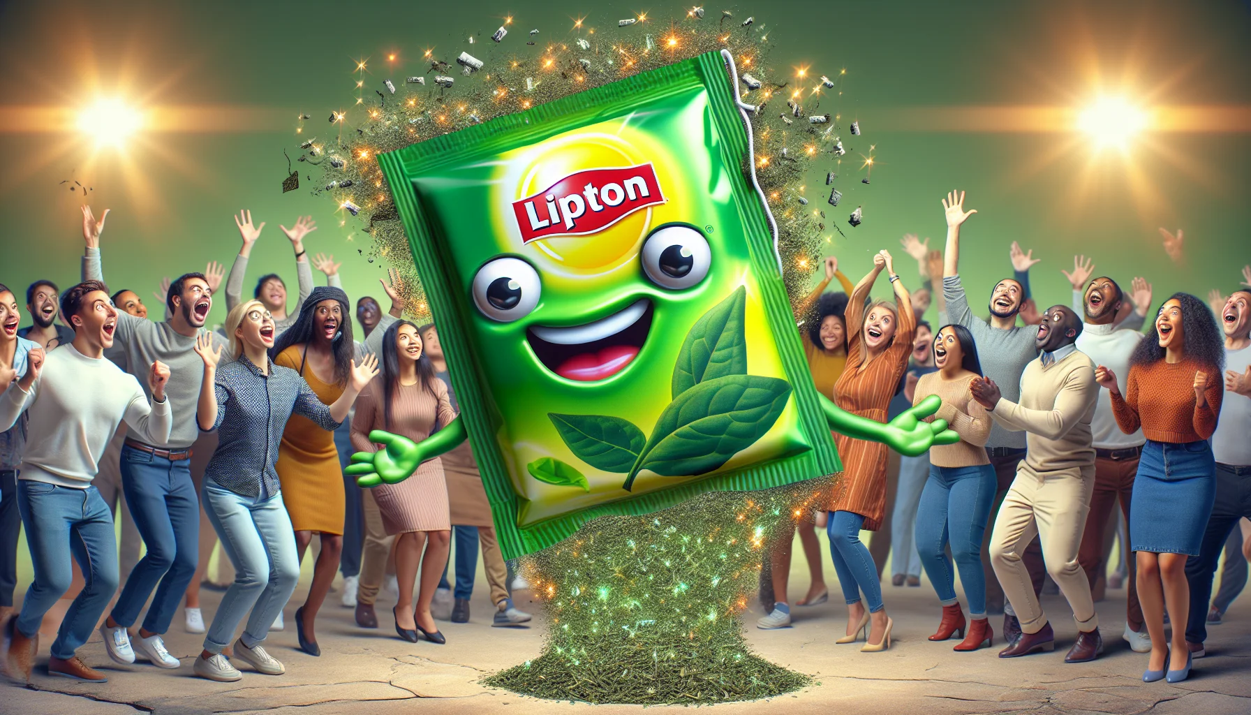 Create a surreal yet comical image of an animated Lipton green tea bag. The tea bag has cartoonish eyes and a wide grin, vividly showcasing its energetic personality - a representation of caffeine. It is hopping around in mid-air, spreading tiny sparkles of caffeine magic everywhere. In the background, a group of diverse individuals, male, female, and non-binary of varying descents like Caucasian, Black, Hispanic, Middle-Eastern, and South-Asian, are watching in amusement, their faces lighting up in delight, eagerly reaching out to capture the sparking caffeine magic. They seem ready to join in the fun, promoting a fun way to enjoy Lipton Green Tea.