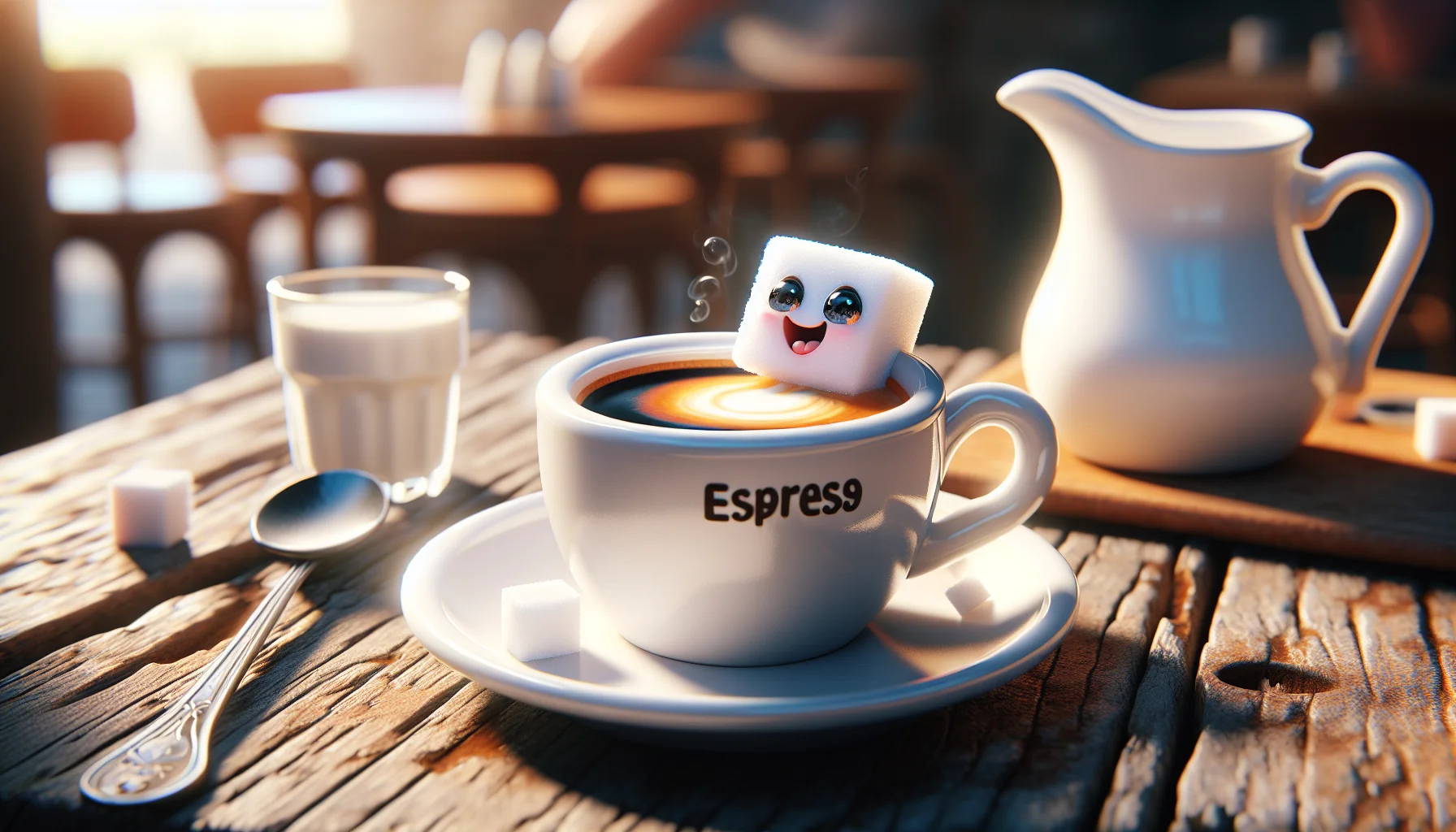 Create a highly detailed and realistic image of a small, white ceramic cup brimming with doppio espresso. The cup rests on an antique wooden table against a sunny Italian café backdrop. A tiny, anthropomorphic sugar cube with big, twinkling eyes is poised on the edge of the cup, giggling as it prepares to jump into the espresso. On the side, a chilled milk jug gazes on with an envious expression. The scene should emanate an overwhelmingly joyful and enticing aura, urging viewers to sit back and enjoy their own cup of espresso.