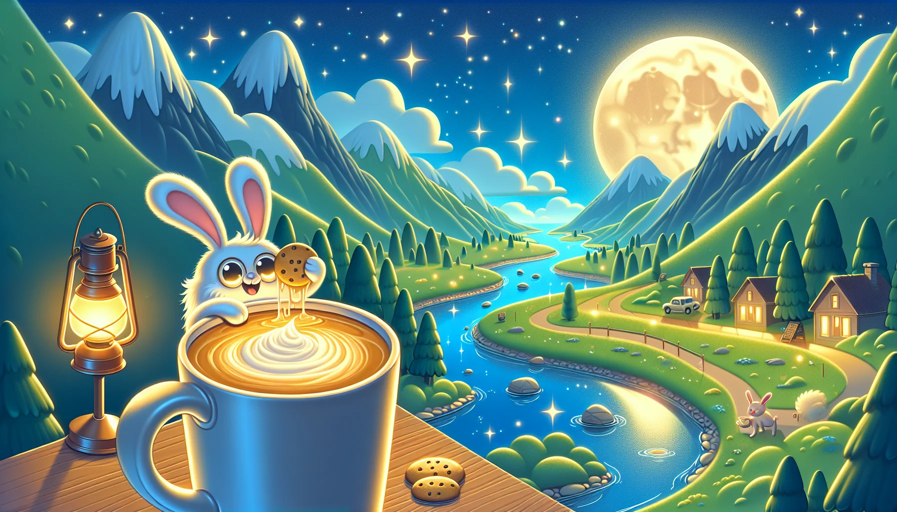 Illustrate a humorously appealing scenario set in the Dreamlight Valley. At the center of the scene, a mug of warm, frothy latte is glowing mysteriously under the shining moon, with the Dreamlight Valley as the backdrop. The valley is bathed in soft moonlight revealing its lush greenery, sparkling river and the gentle silhouette of distant mountains. Nearby, a cheeky rabbit in a cartoonish style appears to dunk a cookie into the latte, giving a thumbs-up sign with its other paw towards the viewers, hence inviting them to enjoy the Dreamlight Valley Latte, under the enchanting night.