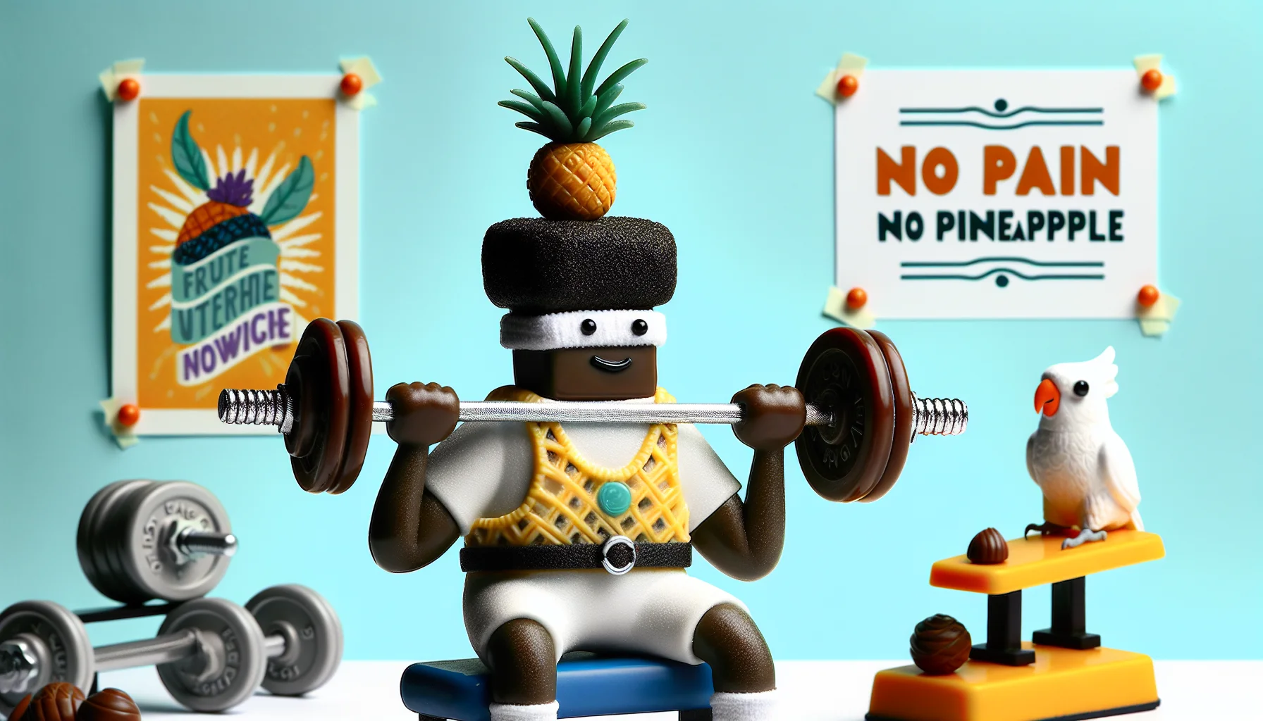 Craft a humorous image that features a Black female performing a dumbbell French press in a playful workout environment. She maintains a concentrated expression while attempting to balance a small pineapple on her head. The dumbbell appears to be made from chocolate instead of iron. Behind her, a white parrot appears to be mimicking her movements with a tiny dumbbell of its own, and a banner displaying a motivating slogan 'No pain, No pineapple' hangs on the workout room wall.