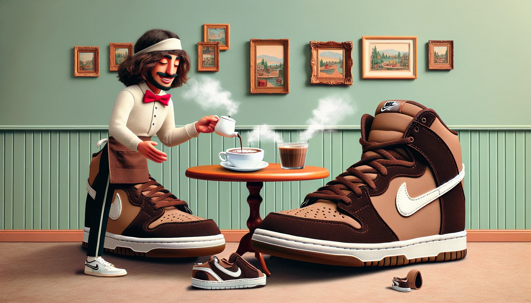 Create a detailed and humorous image featuring a pair of dunk low Mocha-colored shoes. Picture them in an appealing scenario designed to make people smile and relax. For instance, set them in a lighthearted cafe scene, complete with a quirky barista of Caucasian descent, serving steaming cup of mocha to the shoes seated at a tiny table for two, all set against a cozy, vintage styled backdrop. Add a playful touch by having little animated steams rising from the shoes implying they're 'hot'. This should exude an enticing and enjoyable vibe.
